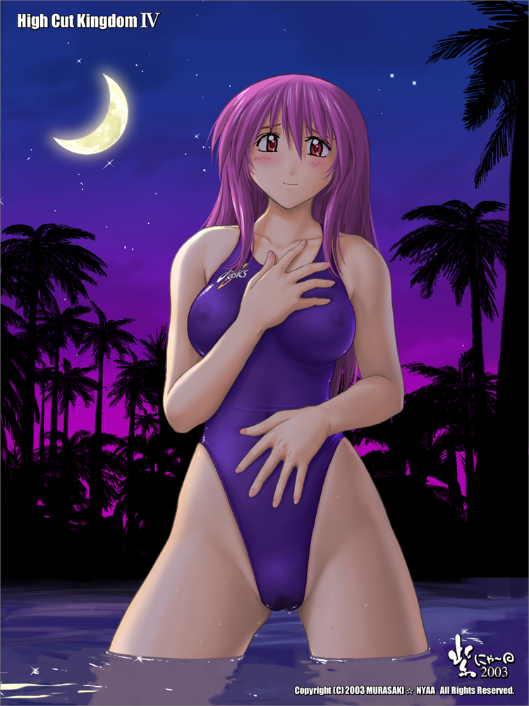 nyanko batake, asics, high cut kingdom, 1girl, cameltoe, competition swimsuit, crescent moon, female focus, light smile, long hair, moon, nipples, one-piece swimsuit, pink hair, red eyes, solo, star (sky), swimsuit, wet