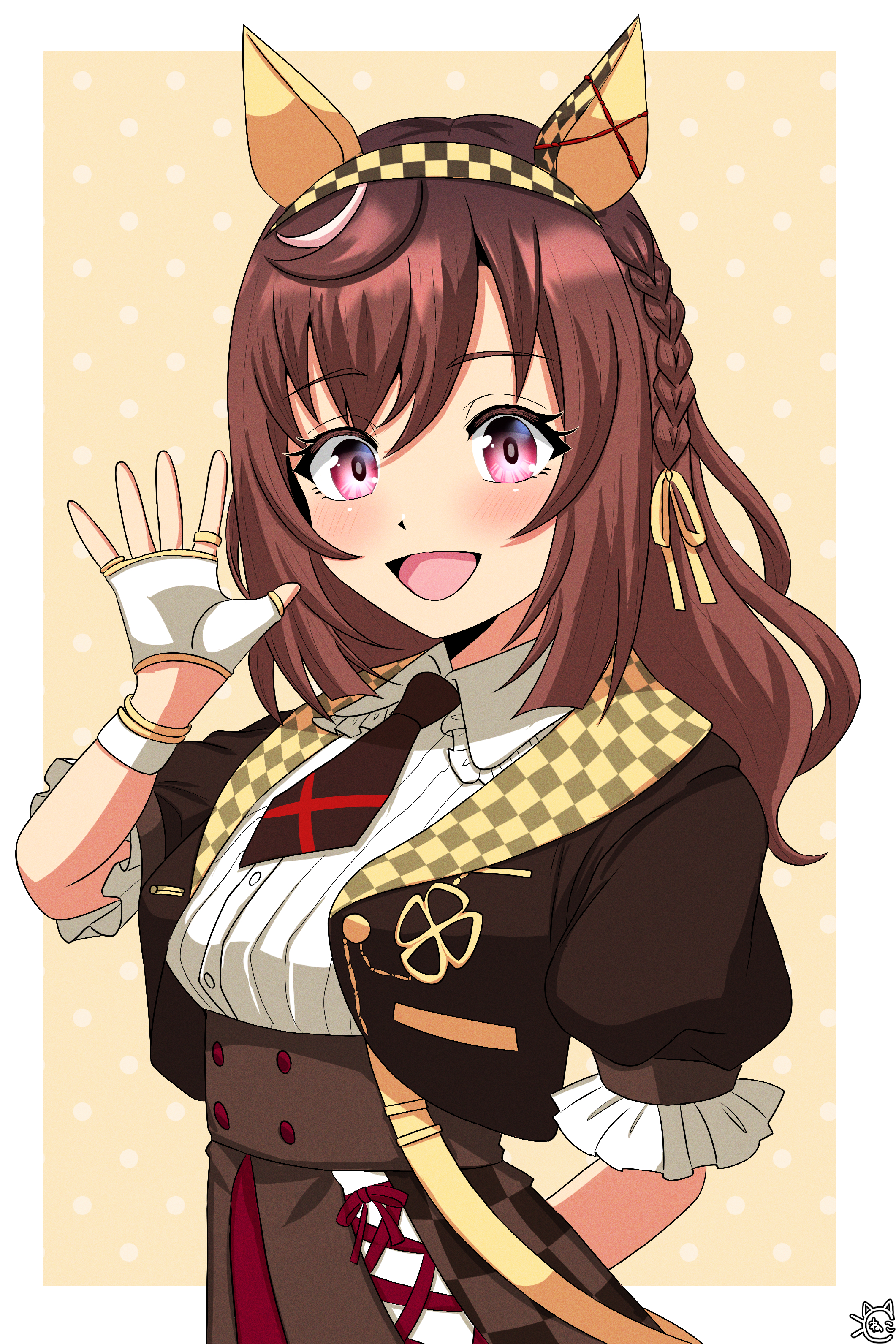 color neko (user yfvc3323), buena vista (heroina inocente) (umamusume), buena vista (umamusume), umamusume, absurdres, commentary request, highres, 1girl, animal ears, blush, braid, breasts, brown hair, hair between eyes, hair ornament, hairband, horse ears, horse girl, long hair, looking at viewer, medium breasts, necktie, open mouth, purple eyes, simple background, solo