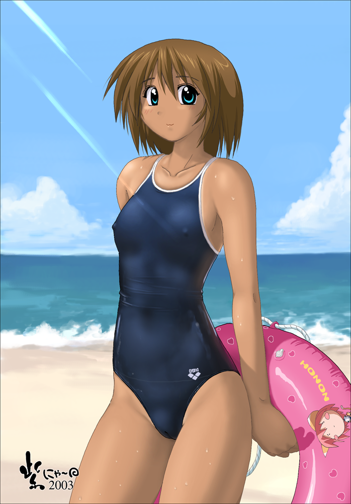 nyanko batake, arena (company), high cut kingdom, 1girl, 2003, beach, cameltoe, female focus, innertube, nipples, one-piece swimsuit, school swimsuit, solo, swim ring, swimsuit