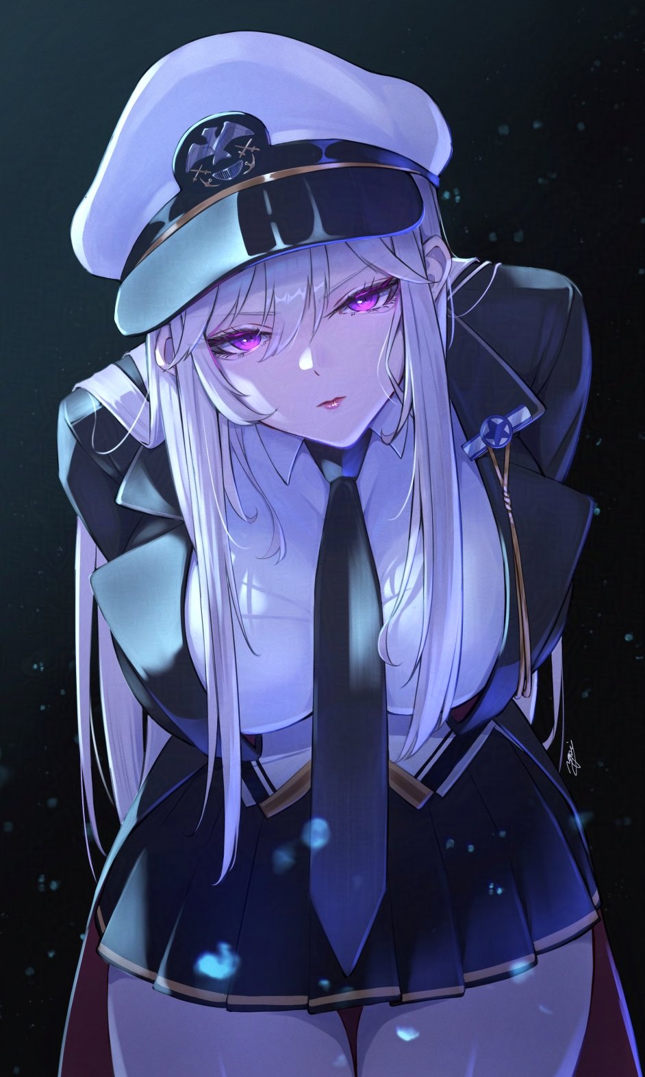 ropi (yyuichi29), enterprise (azur lane), azur lane, highres, 1girl, black background, black coat, black necktie, black skirt, coat, collared shirt, dark background, hair between eyes, lips, long hair, necktie, open clothes, open coat, pleated skirt, purple eyes, shirt, sidelocks, signature, skirt, solo, thighs, white hair, white shirt