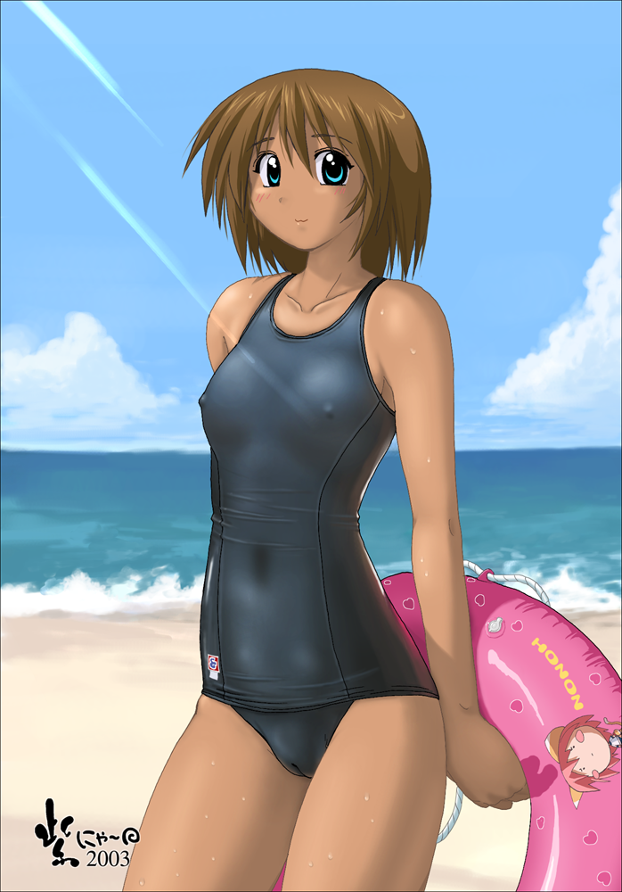 nyanko batake, arena (company), high cut kingdom, character request, 1girl, 2003, beach, blue one-piece swimsuit, blue school swimsuit, cameltoe, covered erect nipples, female focus, holding, holding swim ring, innertube, nipples, old school swimsuit, one-piece swimsuit, school swimsuit, solo, swim ring, swimsuit