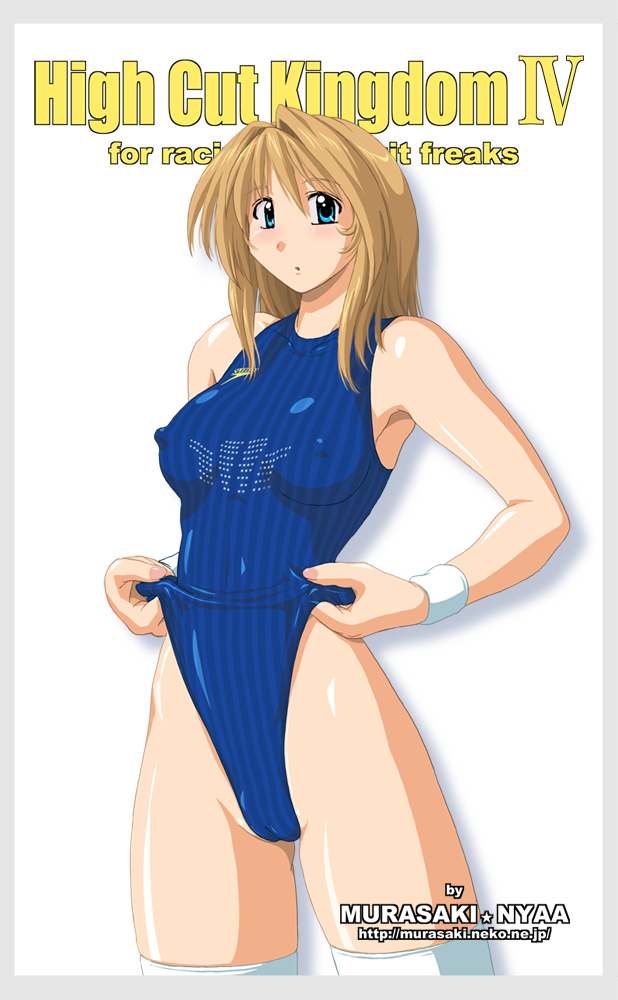 nyanko batake, high cut kingdom, 1girl, blonde hair, cameltoe, clothes pull, competition swimsuit, covered erect nipples, frontal wedgie, green eyes, highleg, highleg one-piece swimsuit, latex, looking at viewer, nipples, one-piece swimsuit, one-piece swimsuit pull, self wedgie, swimsuit, thighhighs, wedgie, wristband