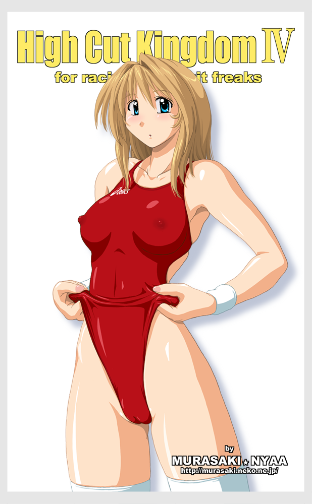 nyanko batake, asics, high cut kingdom, 1girl, blonde hair, cameltoe, clothes pull, competition swimsuit, covered erect nipples, frontal wedgie, green eyes, highleg, highleg one-piece swimsuit, latex, looking at viewer, nipples, one-piece swimsuit, one-piece swimsuit pull, red one-piece swimsuit, self wedgie, swimsuit, thighhighs, wedgie, wristband