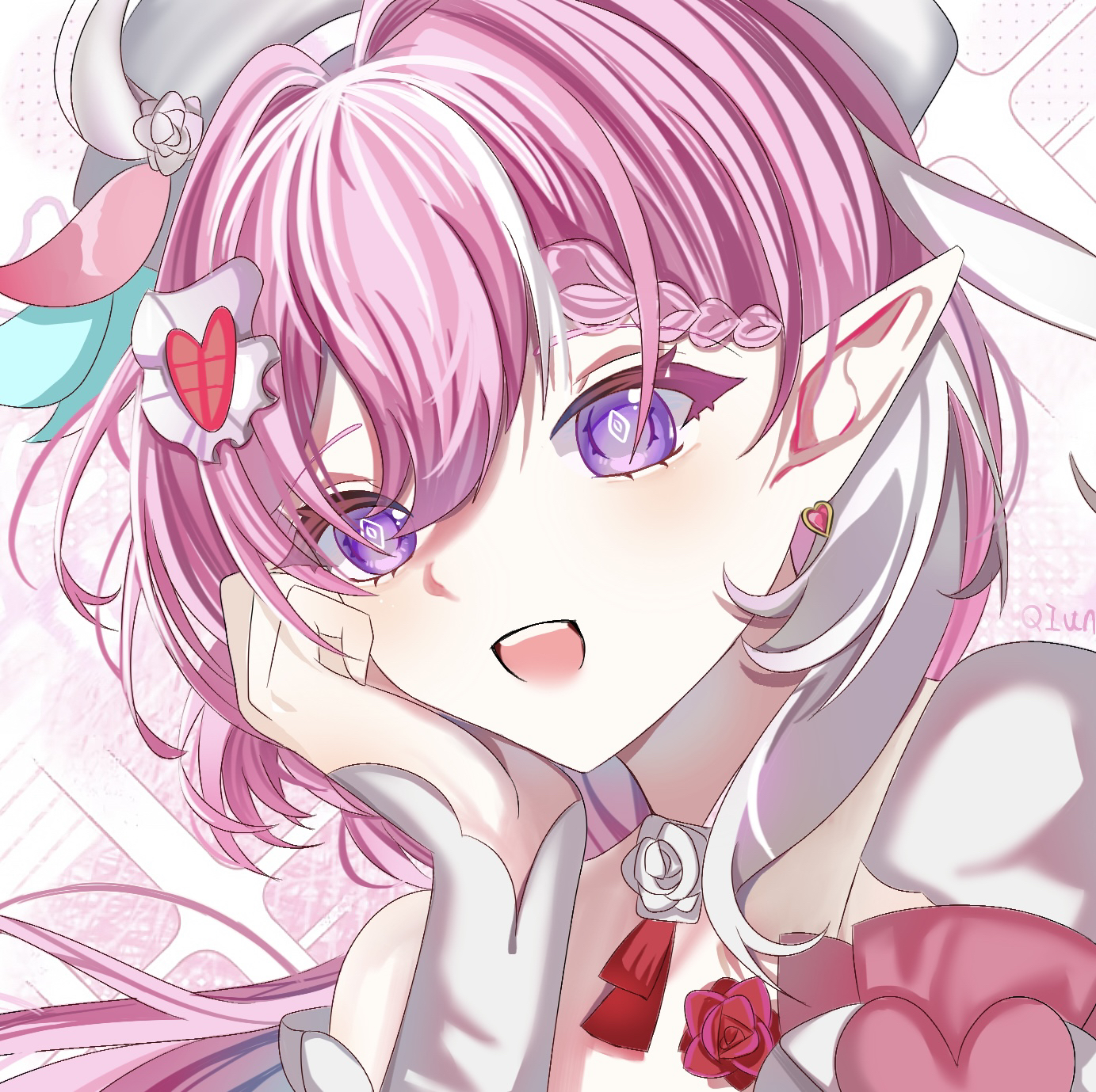 elysia (hi love elf) (honkai impact), elysia (honkai impact), honkai (series), honkai impact 3rd, chinese commentary, commentary request, highres, 1girl, beret, diamond-shaped pupils, diamond (shape), earrings, elf, hand on own cheek, hand on own face, hat, heart, heart earrings, jewelry, long hair, looking at viewer, open mouth, pink hair, pointy ears, purple eyes, q1 tao xun, smile, solo, symbol-shaped pupils, upper body, very long hair
