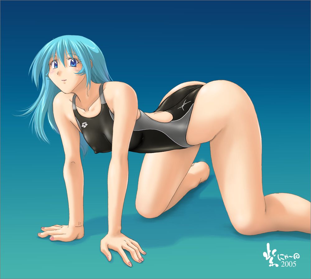 nyanko batake, arena (company), high cut kingdom, 1girl, arm support, blue background, blue eyes, blue hair, competition swimsuit, covered erect nipples, female focus, gradient background, one-piece swimsuit, solo, swimsuit