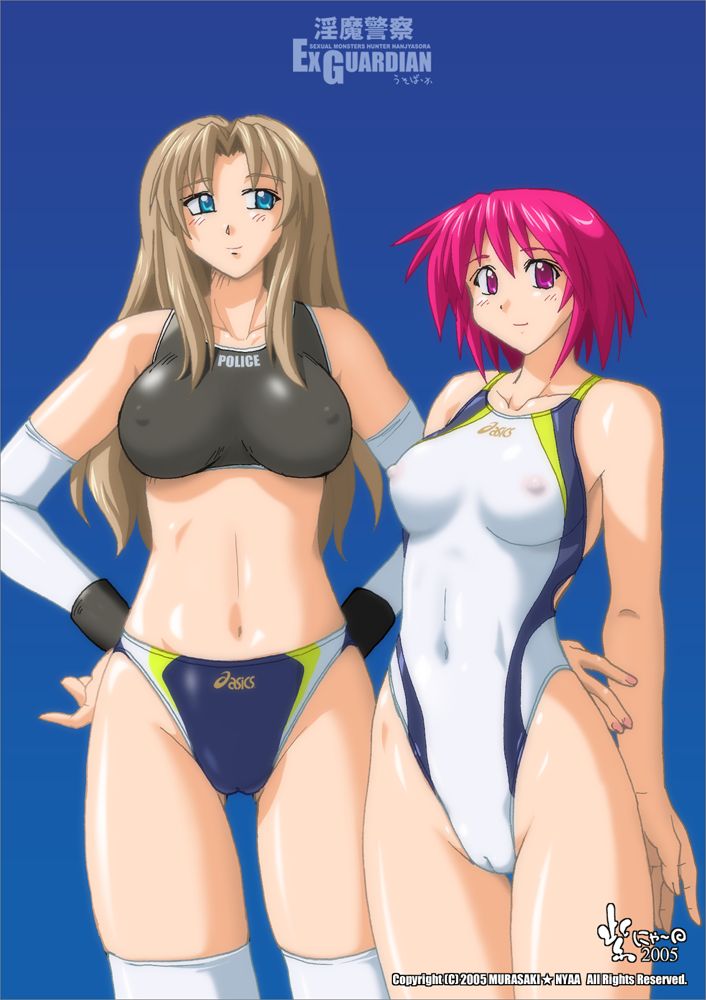 nyanko batake, asics, high cut kingdom, character request, 2005, 2girls, artist name, bikini, blue background, blue bikini, cameltoe, competition swimsuit, covered erect nipples, cowboy shot, multiple girls, navel, nipples, one-piece swimsuit, skindentation, sports bikini, swimsuit, thighhighs, white one-piece swimsuit, white thighhighs