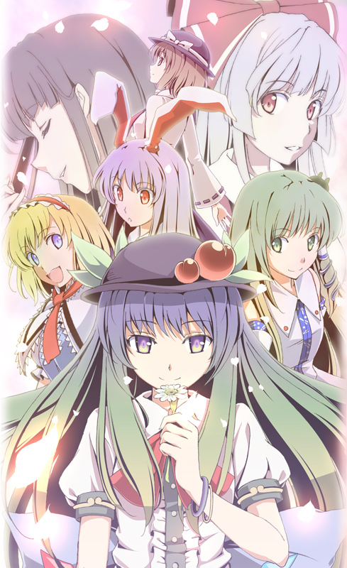 aka ringo, azuma shoujuan, alice margatroid, fujiwara no mokou, hinanawi tenshi, houraisan kaguya, kochiya sanae, maribel hearn, reisen udongein inaba, usami renko, touhou, silver hair, 6+girls, animal ears, black hair, blonde hair, blue eyes, detached sleeves, female focus, flower, food, frog, fruit, gradient hair, green eyes, green hair, hairband, hat, long hair, multicolored hair, multiple girls, peach, purple eyes, purple hair, rabbit ears, red eyes, short hair, standing, upper body