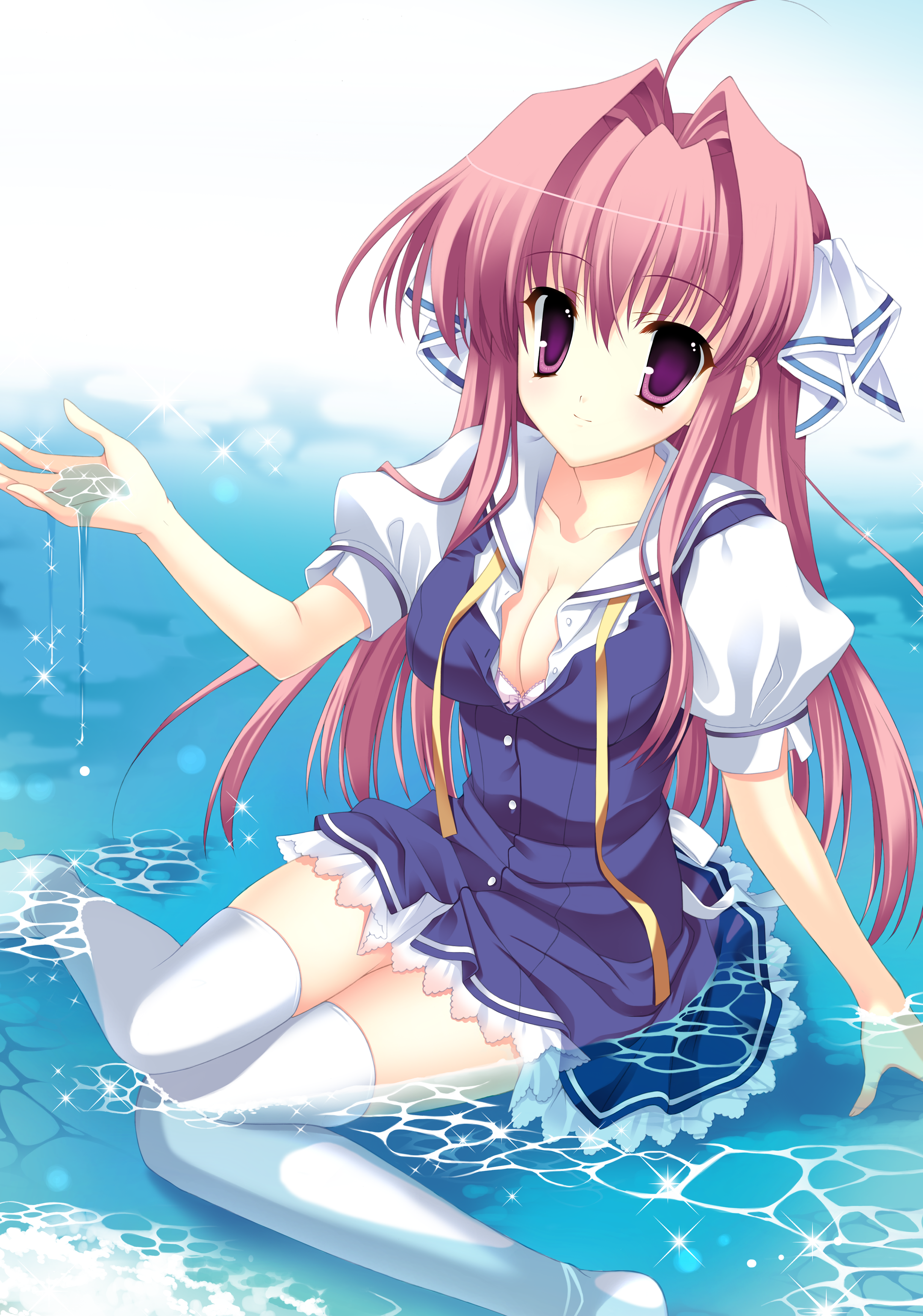 mitha, tsukimura miki, clear (visual novel), absurdres, highres, 1girl, ahoge, blush, bow, bow bra, bra, bra slip, breasts, cleavage, female focus, hair bow, il vol6, indico lite, lingerie, long hair, medium breasts, open clothes, open shirt, pink hair, purple eyes, purple hair, school uniform, shirt, smile, solo, sparkle, thighhighs, thighs, unbuttoned, underwear, water, wet, white bra, white thighhighs