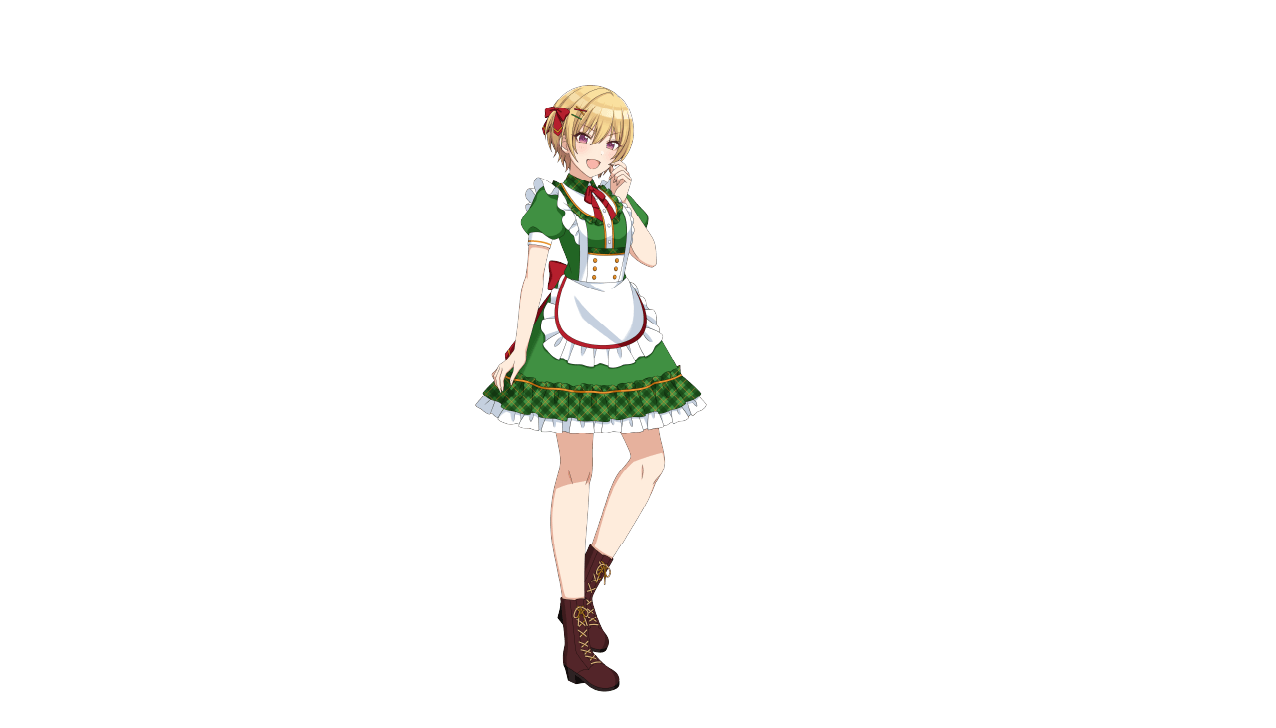 saijo juri, idolmaster, idolmaster shiny colors, official art, promotional art, 1girl, apron, blonde hair, boots, buttons, frills, full body, hair ornament, hairclip, hand up, lace-up boots, maid, neck ribbon, open mouth, red eyes, ribbon, solo, transparent background