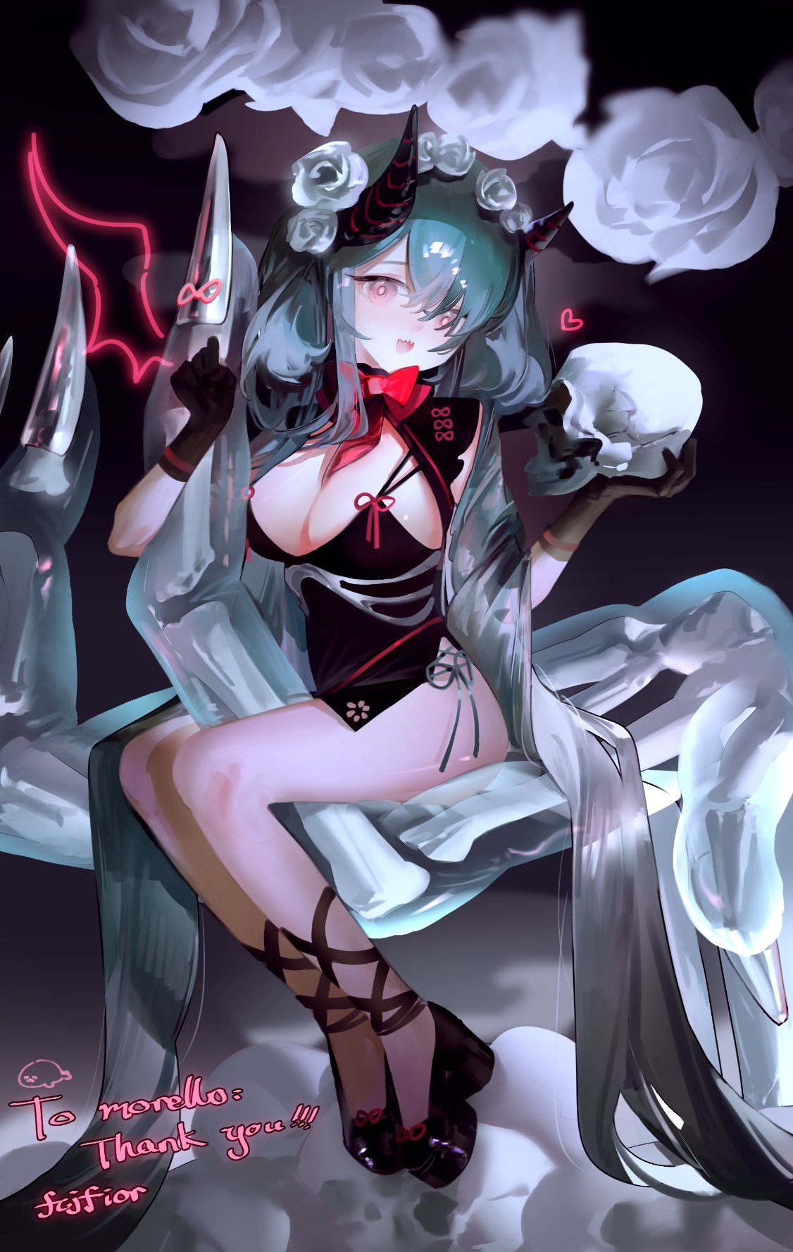 fcjfior, original, commission, highres, 1girl, black gloves, bow, bowtie, breasts, cleavage, flower, gloves, green hair, hair flower, hair ornament, heart, horns, large breasts, long hair, looking at viewer, open mouth, pink eyes, red bow, red bowtie, red ribbon, ribbon, rose, side slit, skeleton, skull, smile, thighs, very long hair, white flower, white rose