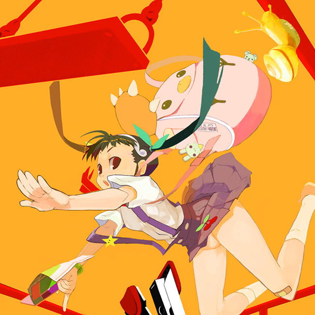 yuuki (irodo rhythm), hachikuji mayoi, bakemonogatari, monogatari (series), 00s, 1girl, :o, backpack, bag, bandaid, bandaid on knee, bandaid on leg, black hair, female focus, hair ribbon, music, orange background, panties, randoseru, ribbon, school uniform, singing, snail, solo, stapler, swing, twintails, underwear