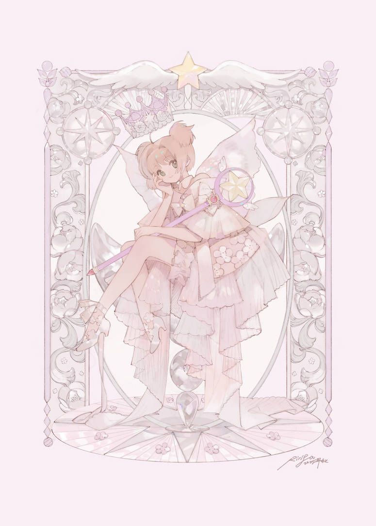 ririfa, kinomoto sakura, cardcaptor sakura, commentary, english commentary, 1girl, border, brown hair, crown, dress, full body, green eyes, head rest, high heels, holding, holding wand, hoshi no tsue, invisible chair, layered dress, looking at viewer, ornate border, pastel colors, pink background, pink dress, shoes, signature, simple background, sitting, smile, solo, star (symbol), star wand, two side up, wand, white shoes, wings