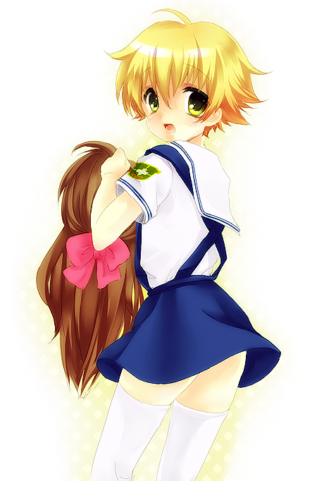 kuro (tsumito), shima katsuki, clannad, clannad after story, bad id, bad pixiv id, 00s, 1boy, blonde hair, crossdressing, crossdressing (mtf), from behind, green eyes, looking back, male focus, open mouth, school uniform, short hair, solo, surprised, thighhighs, trap, unworn wig, white thighhighs, wig