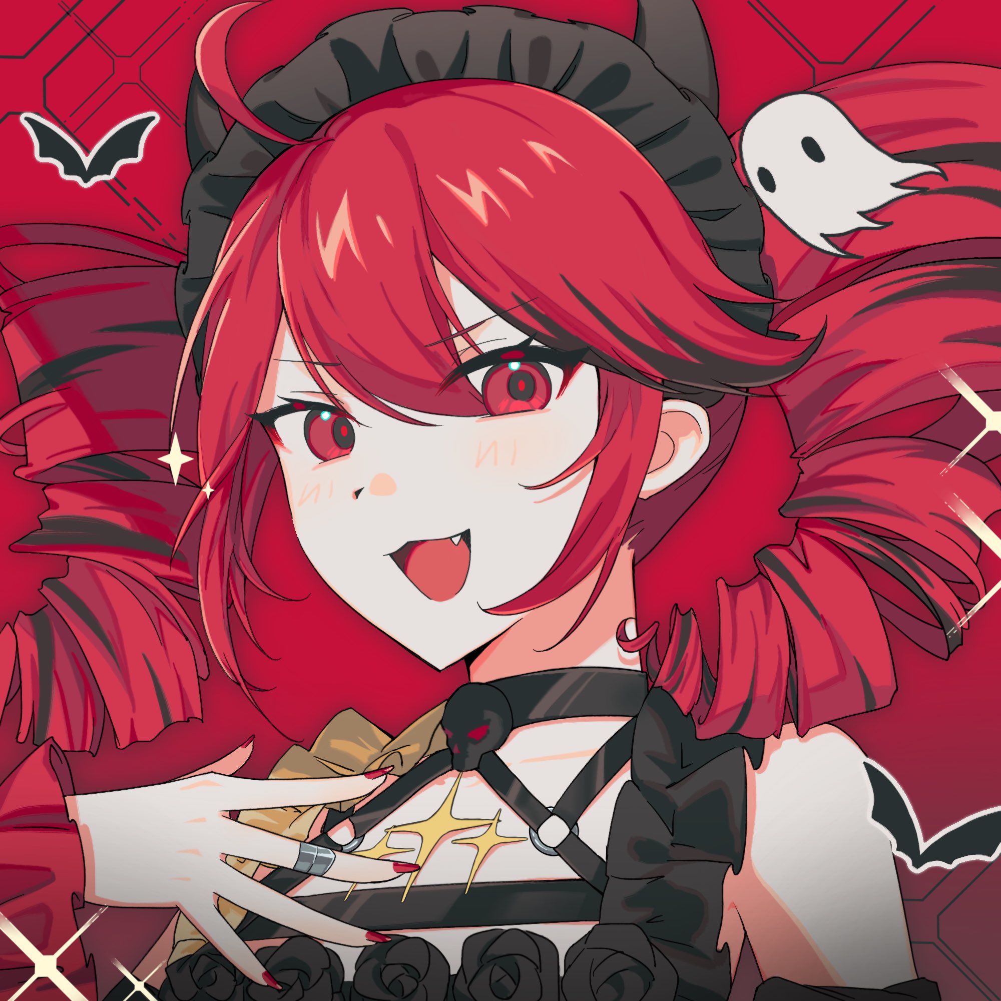 sunoom09, kasane teto, kasane teto (halloween), utau, hashtag-only commentary, highres, 1girl, :3, :d, bare shoulders, bat (animal), black choker, black hair, black headdress, black horns, black shirt, choker, detached sleeves, double-parted bangs, drill hair, fang, frilled shirt, frilled sleeves, frills, from below, ghost, hair between eyes, hand on own chest, hand up, headdress, horns, jewelry, long sleeves, looking at viewer, medium hair, multicolored hair, nail polish, o-ring, official alternate costume, open mouth, portrait, red background, red eyes, red hair, red nails, ring, shirt, simple background, sleeveless, sleeveless shirt, smile, solo, sparkle, streaked hair, tongue, twin drills, two-tone hair, v-shaped eyebrows