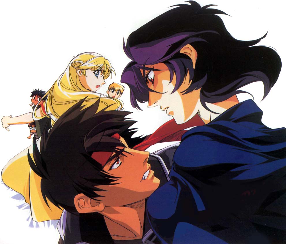 azalie cait sith, cleo everlastin, dortin, majic lin, orphen, volkan, majutsushi orphen, 2girls, 4boys, black hair, blonde hair, dress, glasses, headband, long hair, multiple boys, multiple girls, purple hair, short hair