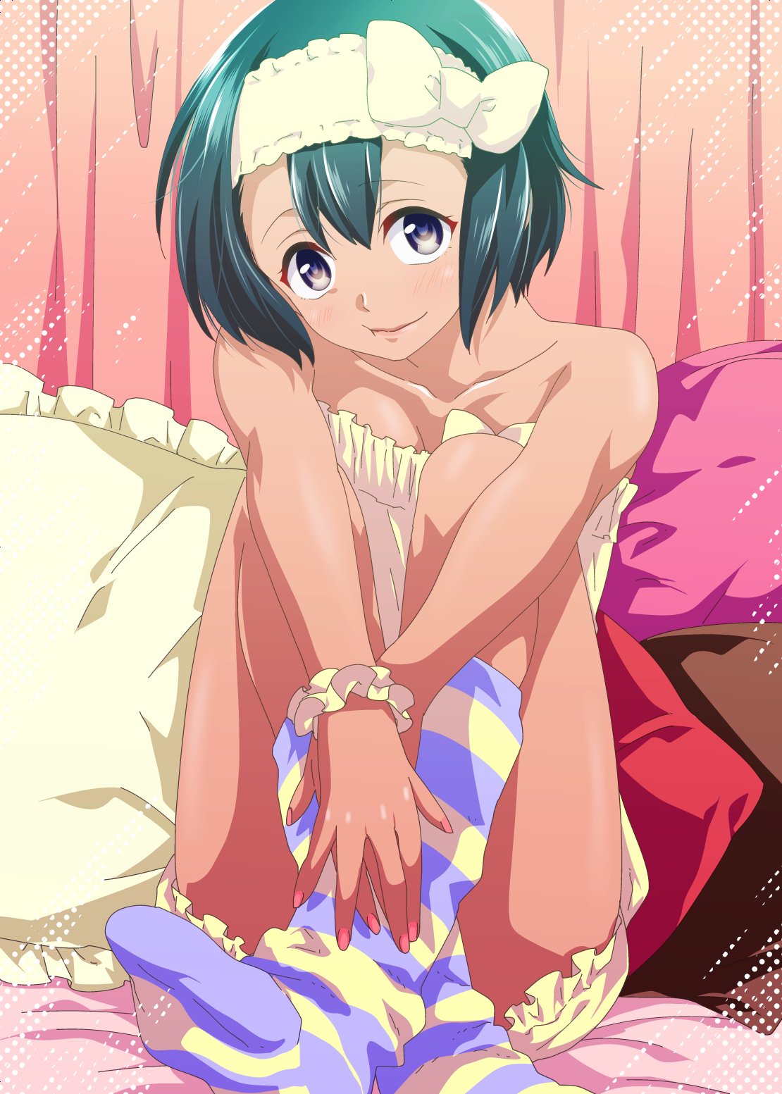 ikuhashi muiko, daitoku junna, robotics;notes, science adventure, check clothing, clothing request, highres, 1girl, bare shoulders, blush, dark-skinned female, dark skin, feet, hairband, looking at viewer, loungewear, purple eyes, short hair, sitting, smile, socks, solo, striped clothes, striped socks