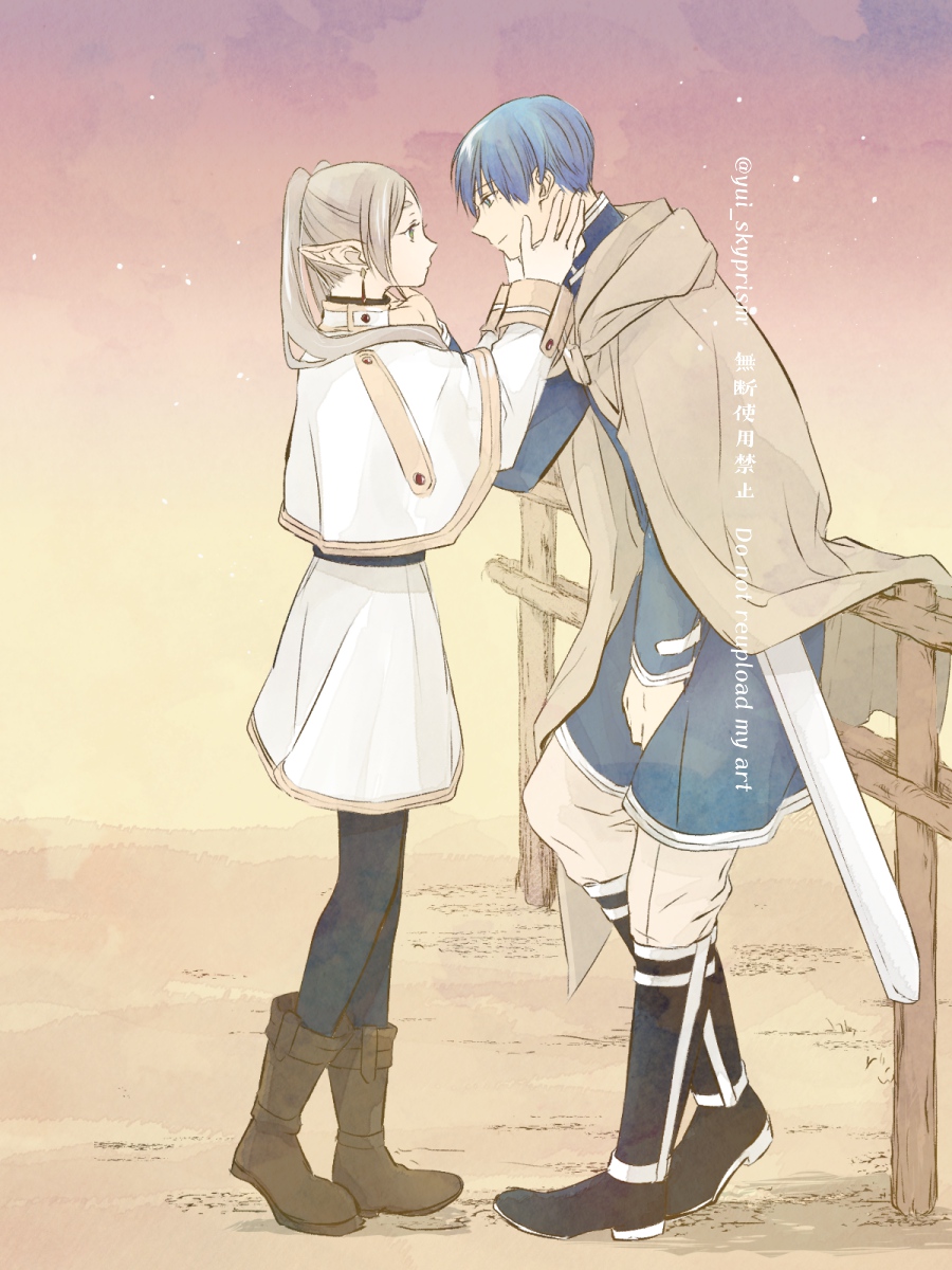 frieren, himmel (sousou no frieren), sousou no frieren, highres, 1boy, 1girl, capelet, earrings, elf, floating earrings, holding, holding staff, jewelry, mage staff, pointy ears, staff, teardrop earrings, twintails, white capelet, yui skyprism