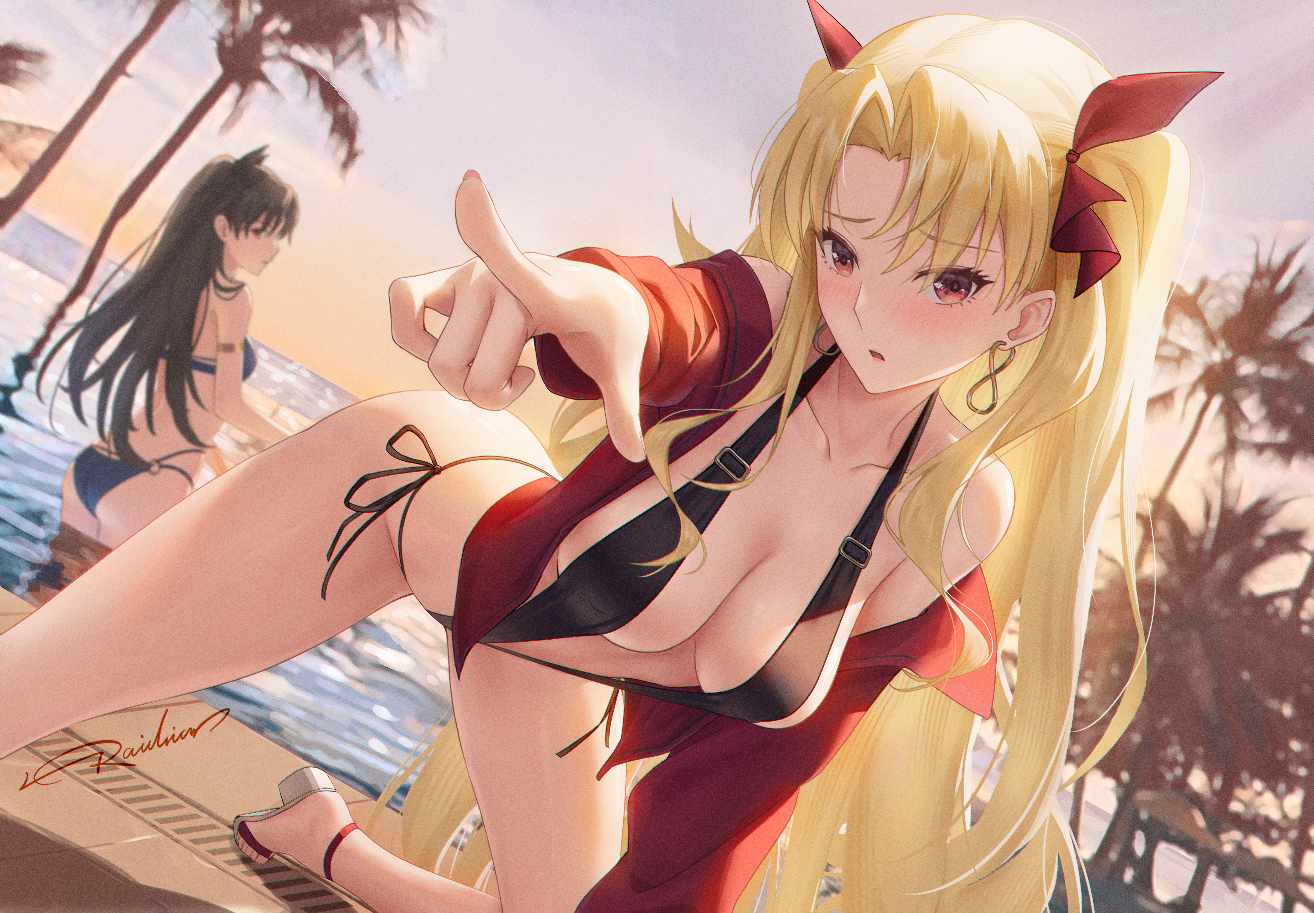 raidriar 18, ereshkigal (fate), ishtar (fate), fate/grand order, fate (series), absurdres, commentary, english commentary, highres, 2girls, alternate costume, armlet, ass, bikini, black bikini, black hair, black slingshot swimsuit, blonde hair, blurry, blurry background, blush, breasts, cleavage, curtained hair, earrings, hair ribbon, jacket, jacket over swimsuit, jewelry, large breasts, long hair, looking at viewer, multiple girls, off shoulder, open mouth, outdoors, outstretched arm, pointing, pointing at viewer, poolside, red eyes, red jacket, red ribbon, ribbon, sandals, slingshot swimsuit, solo focus, swimsuit, two side up, very long hair, white sandals