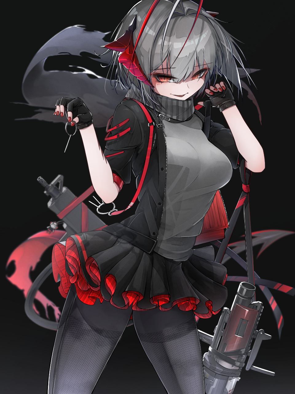 kakakaeru, w (arknights), arknights, highres, 1girl, black background, black gloves, black pantyhose, black skirt, breasts, demon horns, fingerless gloves, gloves, grenade pin, grey hair, hair between eyes, horns, large breasts, looking at viewer, miniskirt, open mouth, pantyhose, red eyes, short hair, short sleeves, simple background, skirt, solo, sweater