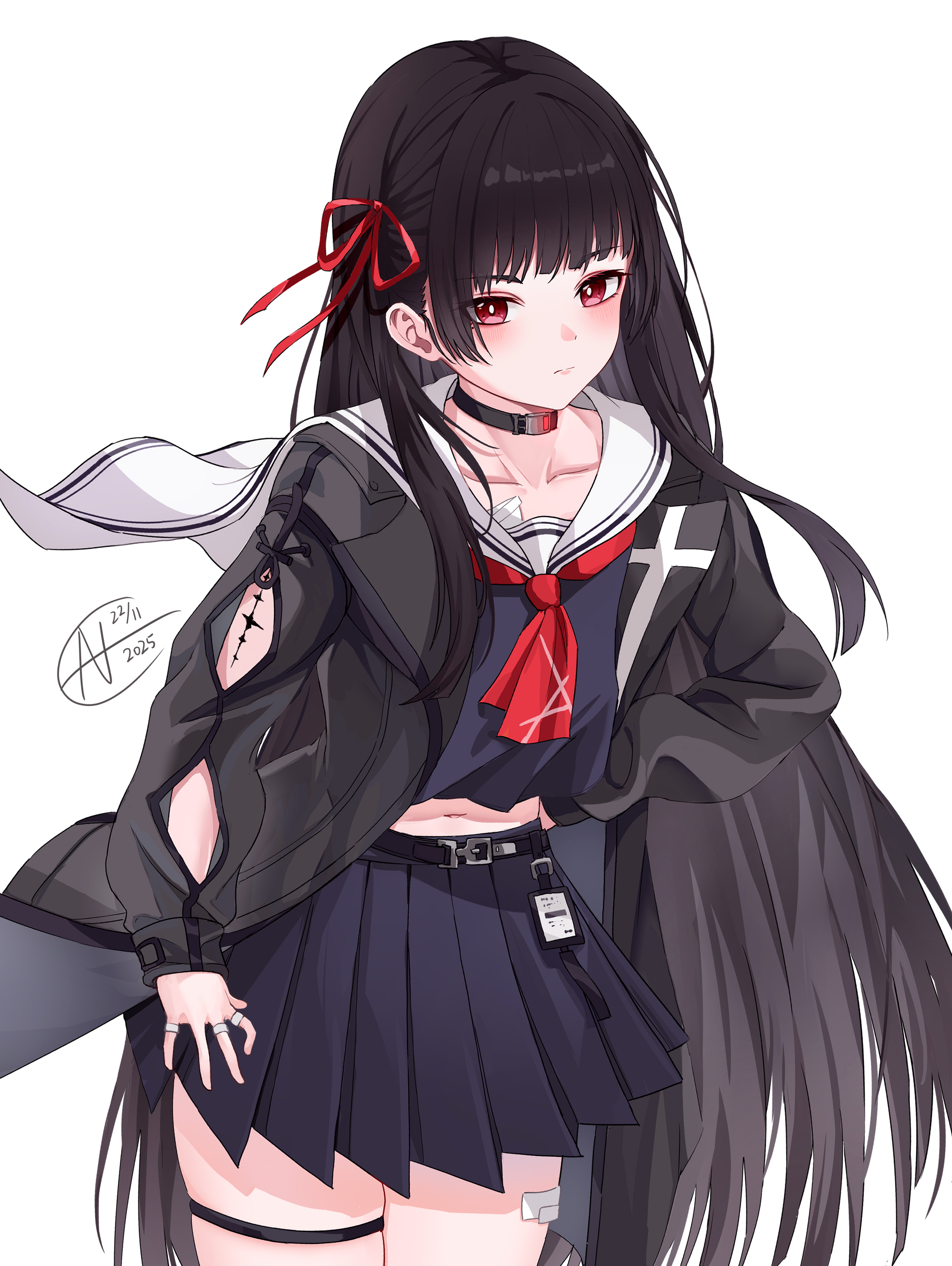fanchin, chisa (wuthering waves), wuthering waves, absurdres, commentary, highres, revision, 1girl, arm cutout, black choker, black hair, black jacket, black serafuku, black shirt, black skirt, blush, choker, closed mouth, clothing cutout, collarbone, dated, hair ribbon, hand on own hip, jacket, long hair, long sleeves, looking at viewer, midriff, navel, red eyes, red ribbon, ribbon, sailor collar, school uniform, serafuku, shirt, simple background, skirt, solo, tacet mark (wuthering waves), thigh strap, thighs, white background, white sailor collar