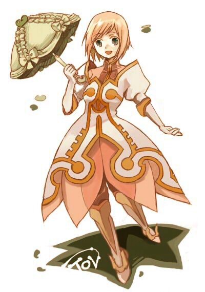 amamizu (chetore), estellise sidos heurassein, tales of (series), tales of vesperia, 00s, 1girl, boots, copyright name, female focus, gloves, green eyes, knee boots, pink hair, short hair, smile, solo, umbrella