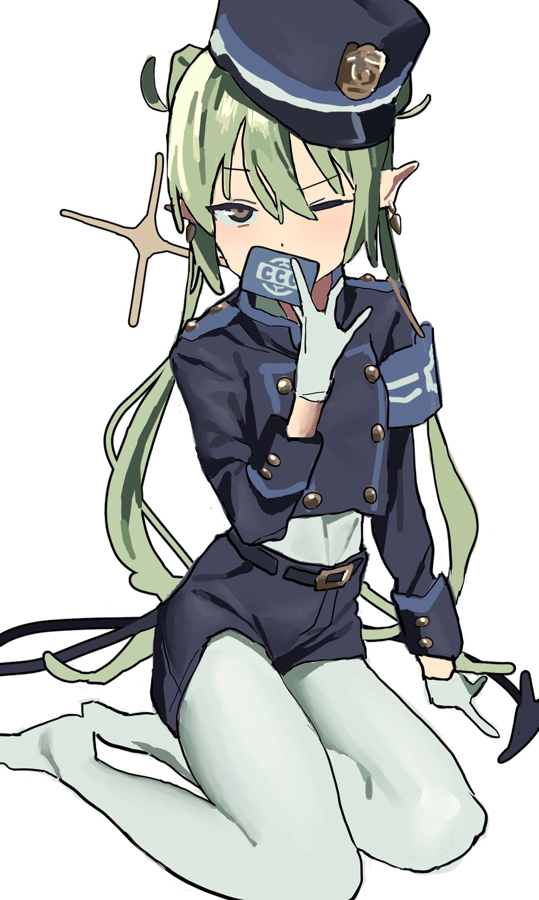 nozomi (blue archive), blue archive, highres, 1girl, armband, azalaxy, belt, blue hat, blue shorts, card, covering own mouth, demon tail, earrings, gloves, green hair, hat, holding, jacket, jewelry, long hair, long sleeves, looking at viewer, one eye closed, pantyhose, pointy ears, police hat, shorts, simple background, sitting, solo, tail, twintails, white background, white gloves, white pantyhose, yokozuwari