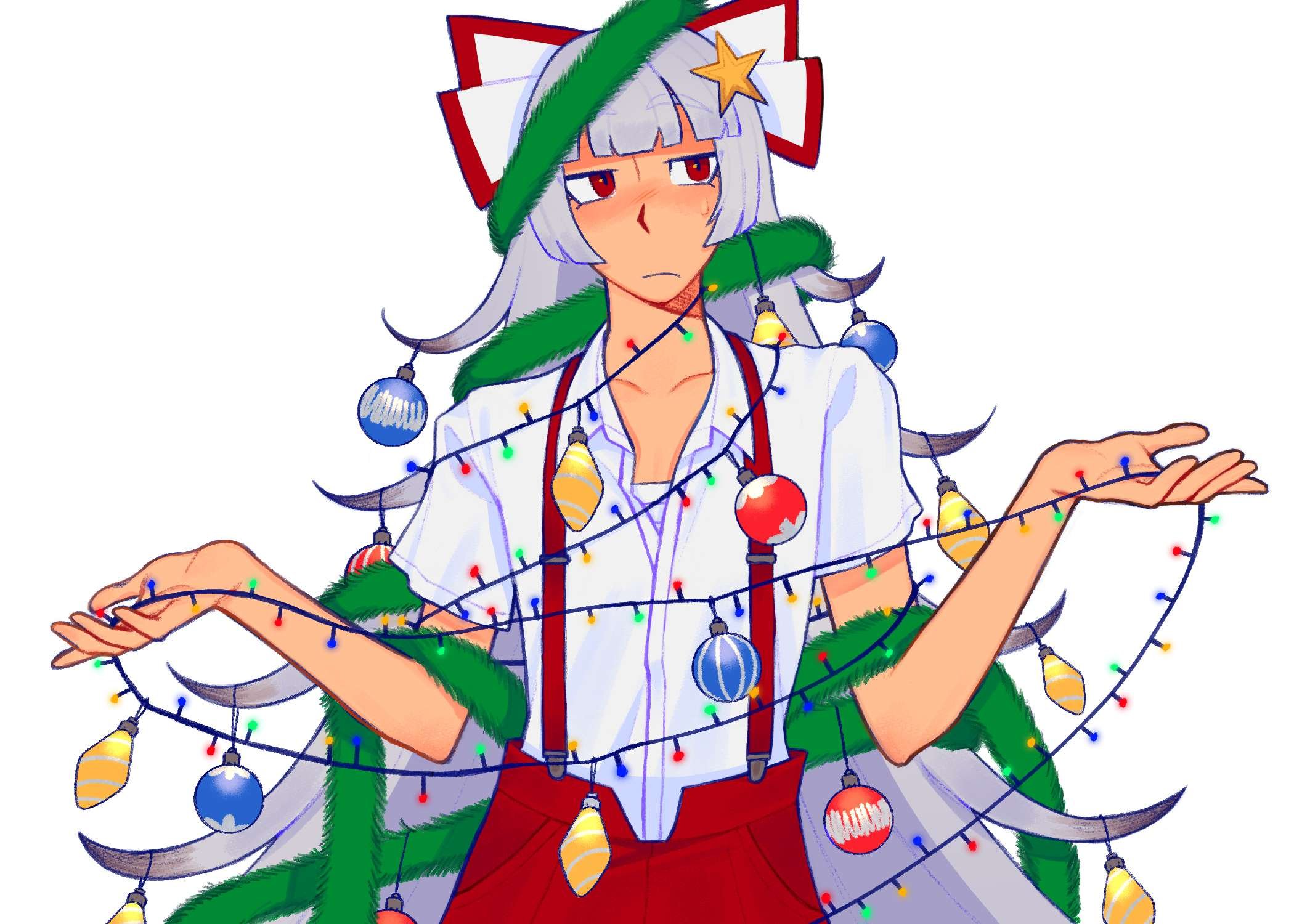 fujiwara no mokou, touhou, commentary, english commentary, highres, 1girl, blunt bangs, bow, christmas, christmas lights, christmas ornaments, collared shirt, entangled, expressionless, garland (decoration), hair bow, hair ornament, holding, jitome, long hair, looking to the side, raislopfest, red eyes, shirt, short sleeves, solo, star (symbol), star hair ornament, string lights, suspenders, very long hair, white hair