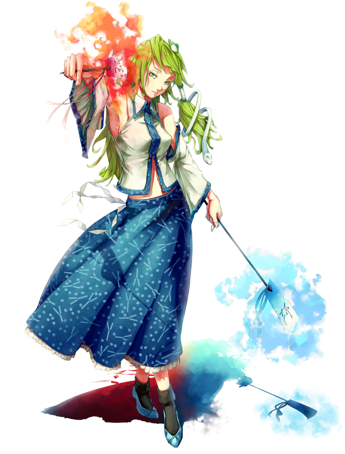 sousou (sousouworks), kochiya sanae, touhou, 1girl, detached sleeves, female focus, frog, full body, gohei, green eyes, green hair, hair ornament, matching hair/eyes, oonusa, short hair, snake, solo