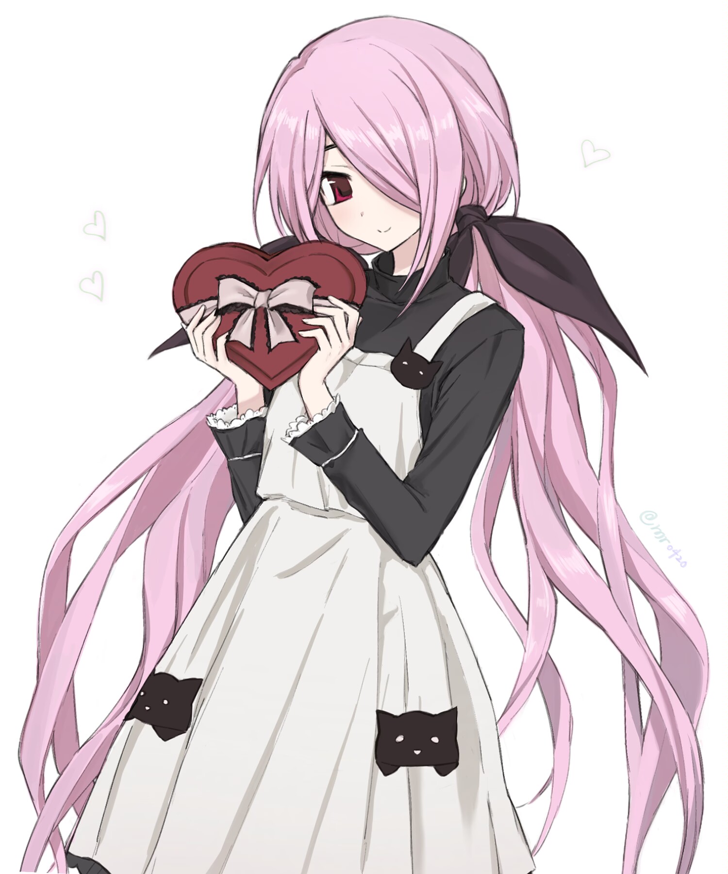 minamisawa senri, chaos;child, science adventure, check clothing, clothing request, highres, 1girl, animal print, black dress, black ribbon, blush, box, candy, cat print, chocolate, chocolate heart, closed mouth, dress, food, gift, gift box, hair between eyes, hair over one eye, hair ribbon, heart, heart-shaped box, heart-shaped food, holding, holding box, holding chocolate, holding food, holding gift, long hair, long sleeves, looking at viewer, mg3mr3910111, pinafore dress, pink hair, red eyes, ribbon, simple background, sleeveless, sleeveless dress, smile, solo, valentine, very long hair, white background, white dress