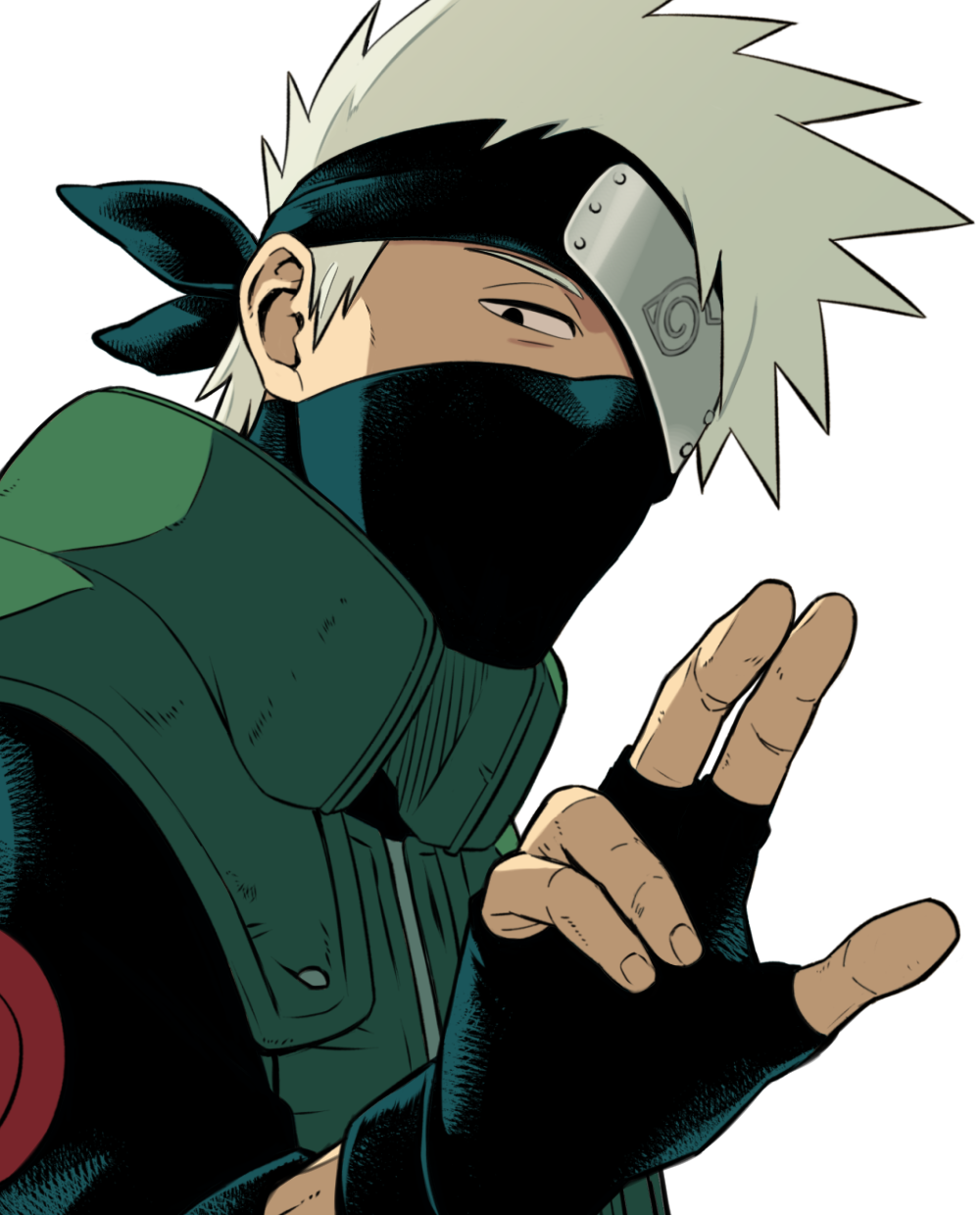 hatake kakashi, naruto (series), highres, 1boy, black eyes, black gloves, fingerless gloves, flak jacket, forehead protector, gloves, green jacket, grey hair, jacket, konohagakure shinobi uniform, konohagakure symbol, looking at viewer, male focus, mask, mouth mask, sameccor, short hair, solo, spiked hair, upper body, white background