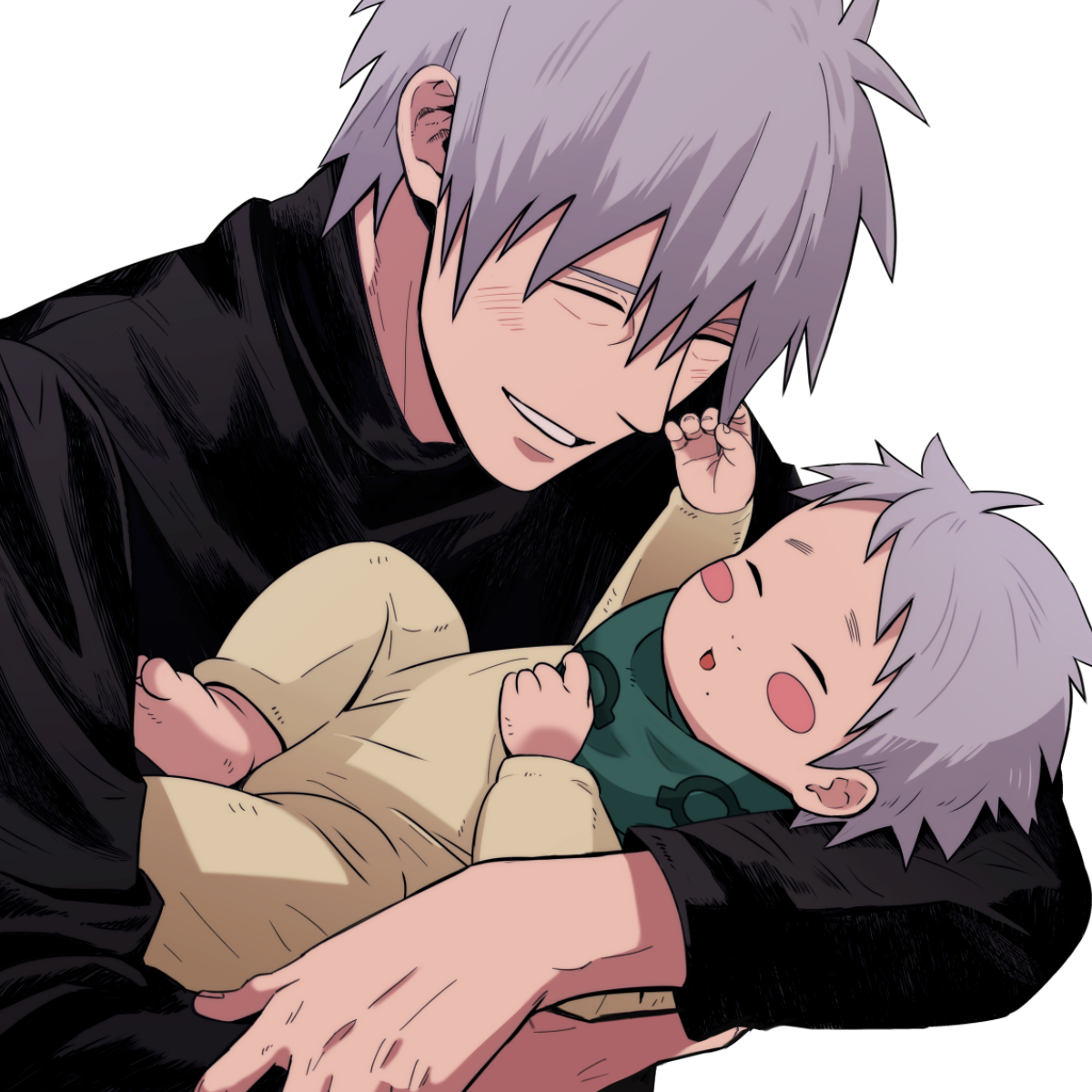 hatake kakashi, hatake sakumo, naruto (series), highres, 2boys, baby, black shirt, blush, blush stickers, carrying, carrying baby, carrying person, closed eyes, father and son, grey hair, hair between eyes, happy, long sleeves, male focus, mole, mole under mouth, multiple boys, open mouth, sameccor, shirt, short hair, upper body, white background