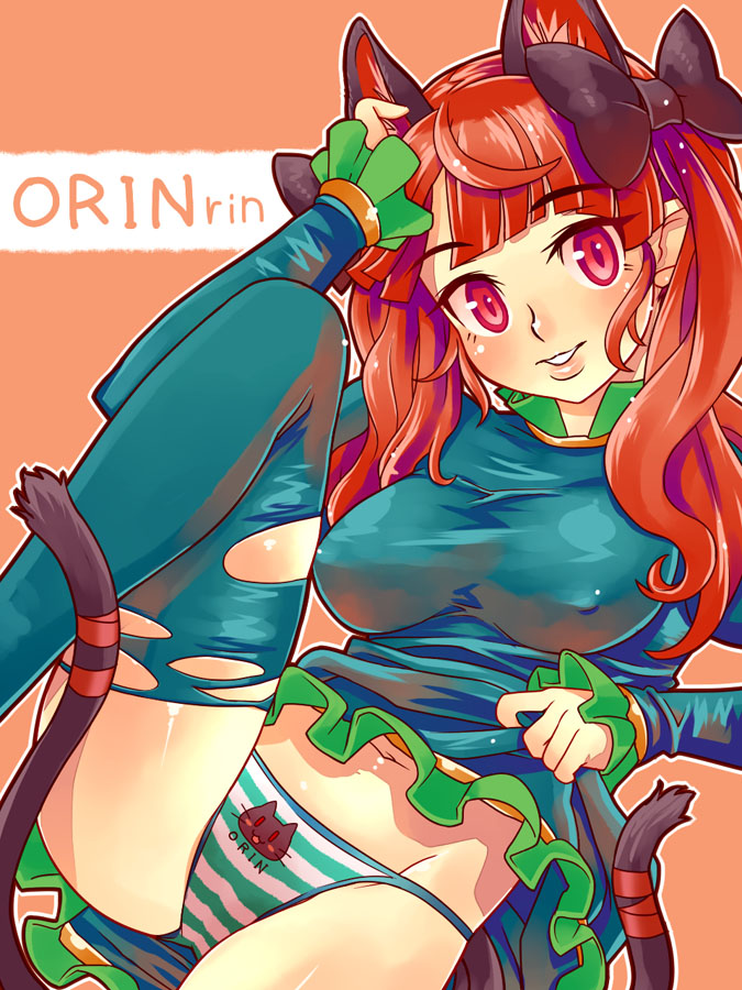 tsuutenkaaku, kaenbyou rin, touhou, 1girl, animal ears, bow, breasts, cat ears, cat girl, cat tail, covered erect nipples, female focus, hair bow, hair ribbon, multiple tails, panties, red eyes, red hair, ribbon, short hair, solo, striped clothes, striped panties, tail, tail ornament, tail ribbon, thighhighs, torn clothes, torn thighhighs, twintails, underwear