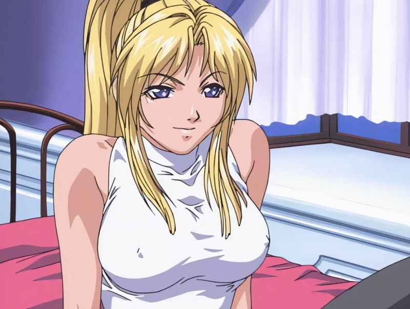 saeki kaori, bible black, bible black night of the walpulgiss, animated, animated gif, tagme, 00s, 1girl, 2001, bed, bedroom, blonde hair, breasts, curtains, curvy, large breasts, long hair, panties, purple eyes, sitting, skirt, smile, socks, spread legs, underwear