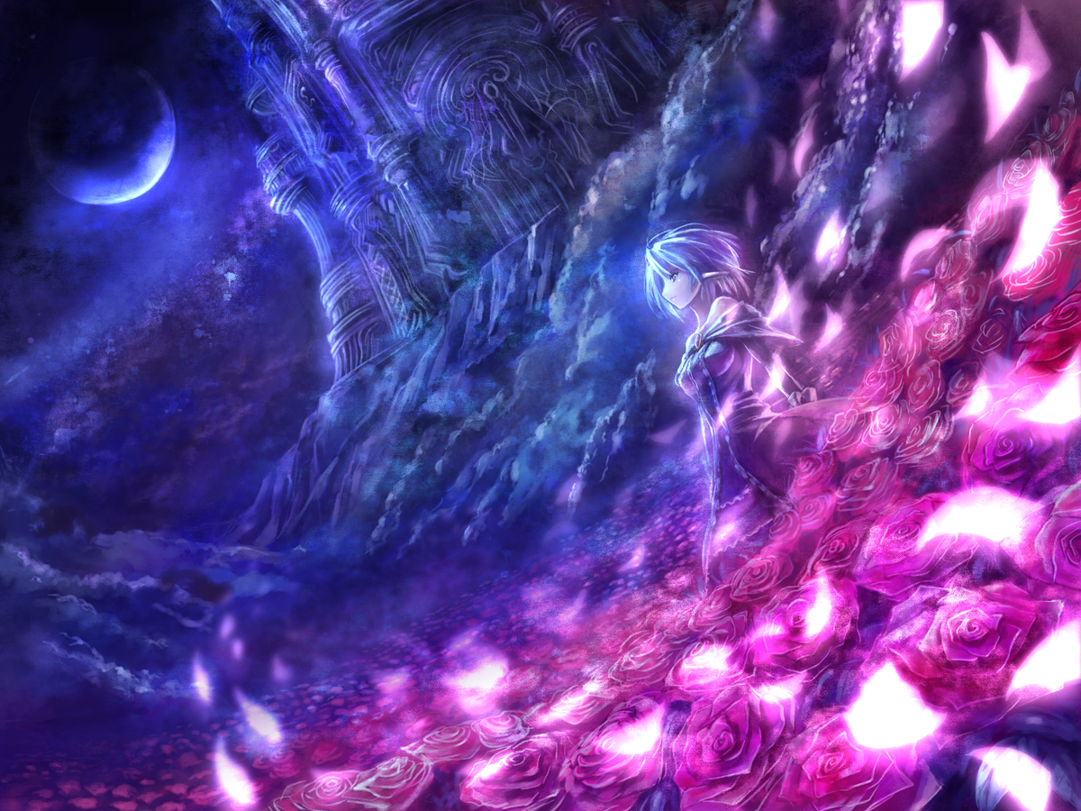 edobox, pixiv fantasia, pixiv fantasia 2, 1girl, bare shoulders, blue eyes, blue hair, female focus, flower, matching hair/eyes, moon, night, petals, pointy ears, rose, short hair, solo