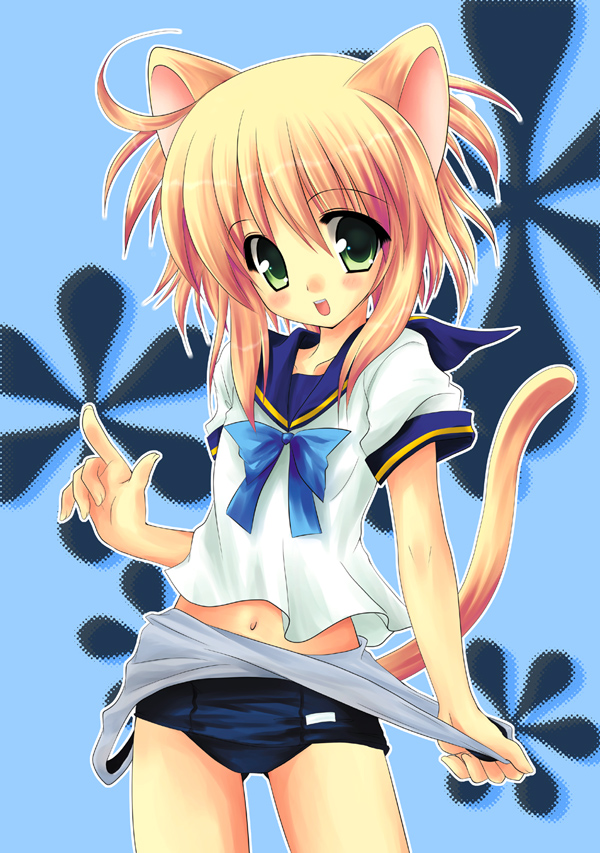 hiroposo, original, 1girl, ahoge, animal ears, blonde hair, blush, cat ears, cat tail, clothes pull, female focus, green eyes, navel, no pants, one-piece swimsuit, one-piece swimsuit pull, pulling own clothes, school swimsuit, school uniform, serafuku, short hair, solo, swimsuit, swimsuit under clothes, tail, undressing