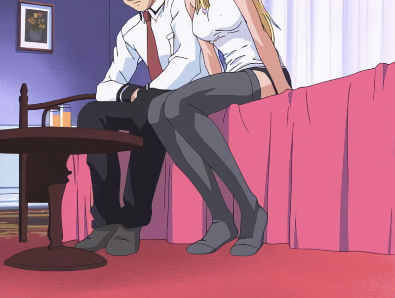minase taki, saeki kaori, bible black, bible black night of the walpulgiss, animated, animated gif, tagme, 1boy, 1girl, 2001, arm support, bed, blonde hair, breasts, brown hair, curtains, drink, green eyes, high ponytail, large breasts, legs, long hair, necktie, ponytail, purple eyes, school uniform, short hair, skirt, sleeveless, smile, table, thighhighs, thighs