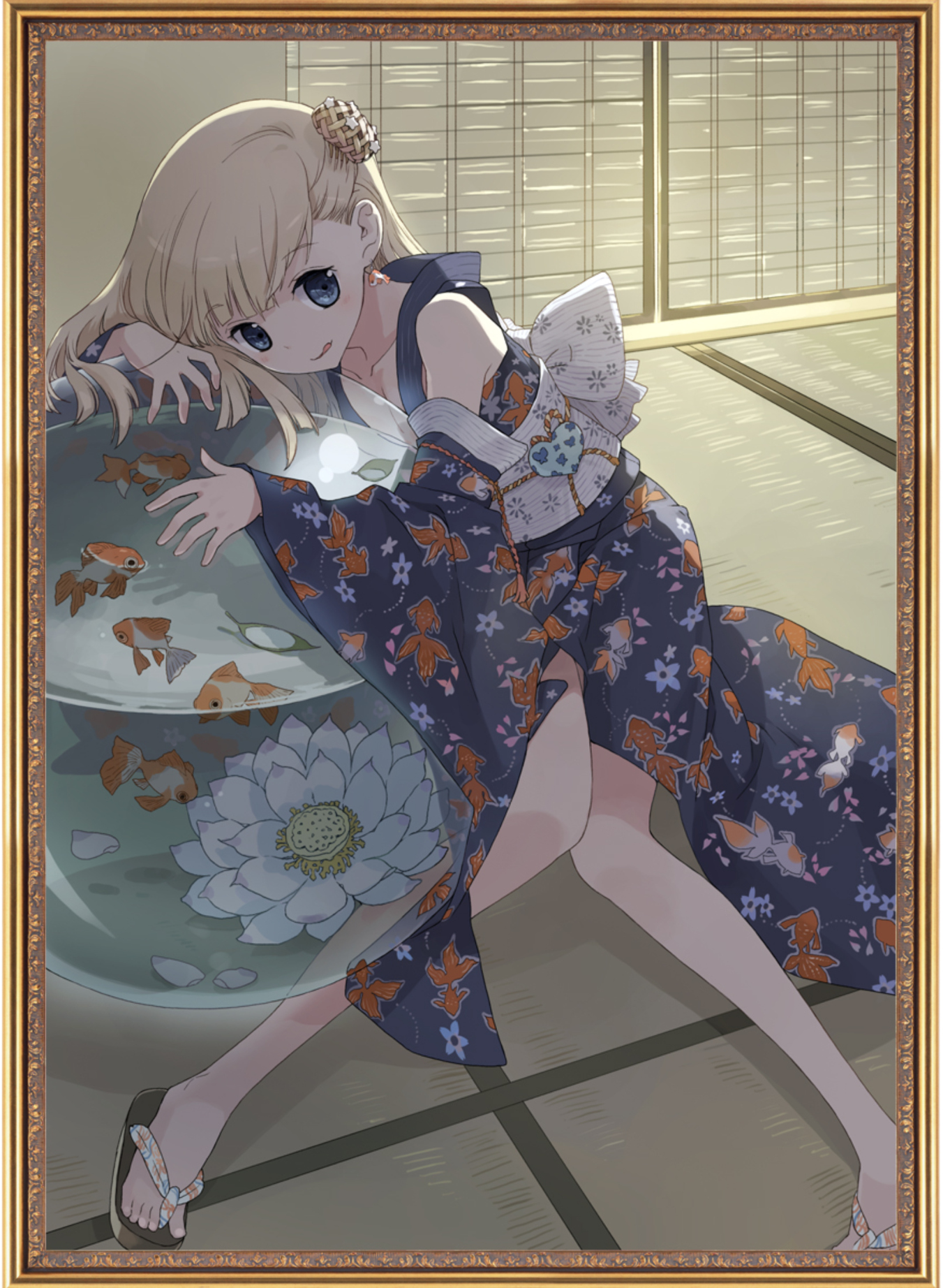 tiv, original, highres, 1girl, :q, blonde hair, earrings, feet, female focus, fish, fish earrings, fish tank, indoors, japanese clothes, kimono, legs, sandals, solo, tongue, tongue out, yukata