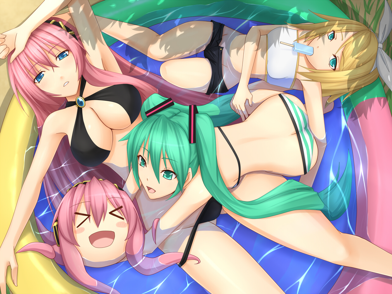 akitsuki karasu, hatsune miku, kagamine rin, megurine luka, takoluka, vocaloid, > <, 3girls, aqua eyes, aqua hair, ass, bikini, blonde hair, blue eyes, blush stickers, breasts, butt crack, cleavage, closed eyes, food, groin, large breasts, multiple girls, pink hair, popsicle, swimsuit, twintails, wading pool, water