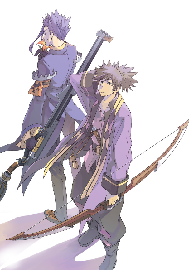 ayumiso, raven (tales), yeager (tales), tales of (series), tales of vesperia, 00s, 2boys, black hair, blue hair, bow (weapon), flower, gloves, green eyes, male focus, multiple boys, ponytail, smelling, smelling flower, weapon