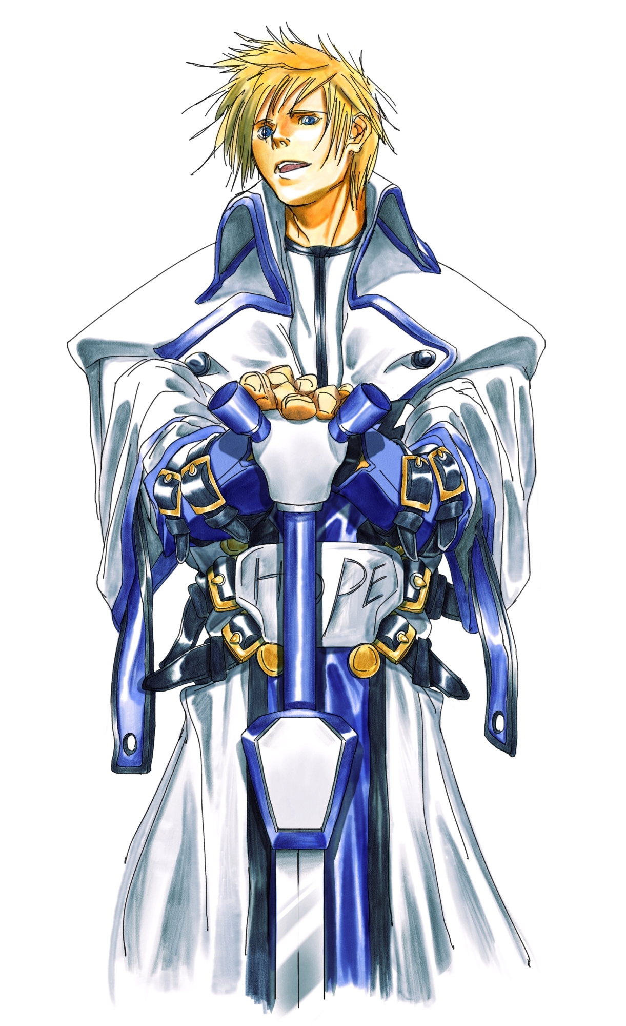 storyteller777, ky kiske, guilty gear, highres, 1boy, belt, belt buckle, blonde hair, blue eyes, buckle, coat, cropped legs, hands on hilt, high collar, long sleeves, looking at viewer, male focus, multiple belts, open mouth, planted, planted sword, planted weapon, short hair, simple background, solo, straight-on, sword, teeth, thunderseal, upper teeth only, weapon, white background, white coat