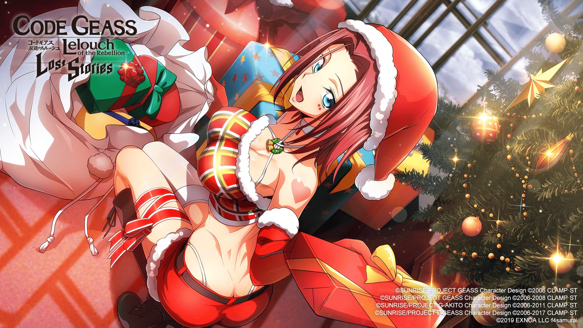 f4samurai, kouzuki kallen, code geass, code geass: lost stories, commentary, commentary request, english commentary, game cg, highres, official art, 1girl, ass, back, bare shoulders, belt, black boots, blue eyes, body markings, boots, bow, box, breasts, butt crack, choker, christmas, christmas ornaments, christmas tree, cleavage, collarbone, crop top, dimples of venus, dutch angle, elbow gloves, facial mark, from behind, full body, fur-trimmed gloves, fur-trimmed headwear, fur-trimmed shirt, fur-trimmed shorts, fur trim, gift, gift box, gloves, green bow, hair intakes, hand up, happy, hat, heart, high heels, highleg, highleg panties, holding, holding box, holding sack, incoming gift, indoors, knee boots, large breasts, leg ribbon, legs together, looking at viewer, looking back, midriff, open mouth, panties, plaid clothes, plaid shirt, pom pom (clothes), red gloves, red hair, red hat, red ribbon, red shirt, red shorts, ribbon, sack, santa hat, shirt, short hair, short shorts, shorts, sidelocks, single thighhigh, sleeveless, sleeveless shirt, smile, solo, sparkle, squatting, star (symbol), string panties, thighhighs, underwear, white choker, white panties, white thighhighs, window, yellow bow, zipper