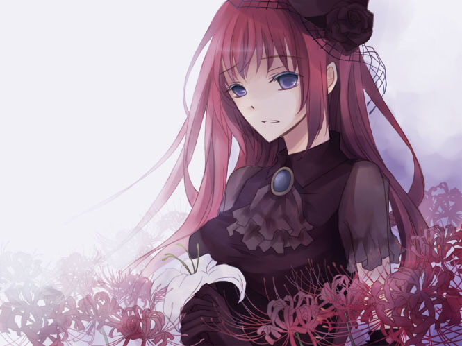 ria (pixiv251058), megurine luka, vocaloid, bad id, bad pixiv id, 1girl, black dress, blue eyes, dress, elbow gloves, female focus, flower, gloves, hair ribbon, long hair, pink hair, red flower, ribbon, solo, spider lily
