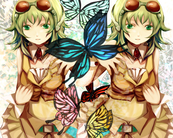 soriku, gumi, vocaloid, bad id, bad pixiv id, 1girl, belt, bug, butterfly, clone, female focus, goggles, green eyes, green hair, headphones, headset, matching hair/eyes, midriff, short hair, skirt, solo, symmetry, wrist cuffs