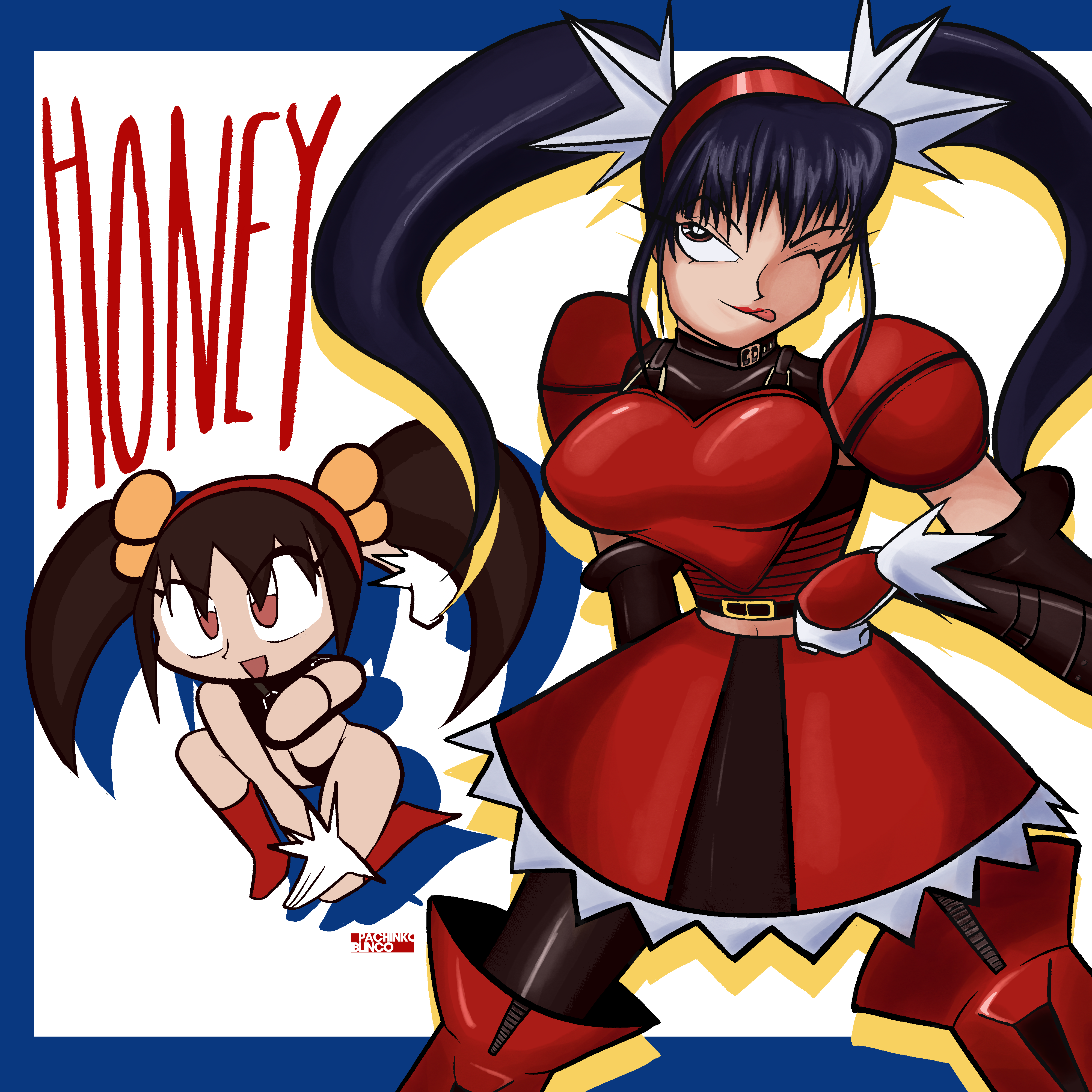 pachinko blinco, honey (fighting vipers), fighting vipers, sega, 1girl, armor, armored dress, black hair, boots, breasts, brown eyes, character name, chibi, detached sleeves, dress, gloves, hairband, hand on own hip, midriff, navel, one eye closed, shoulder pads, simple background, skirt, smile, thigh boots, thong, tongue, tongue out, twintails, wink
