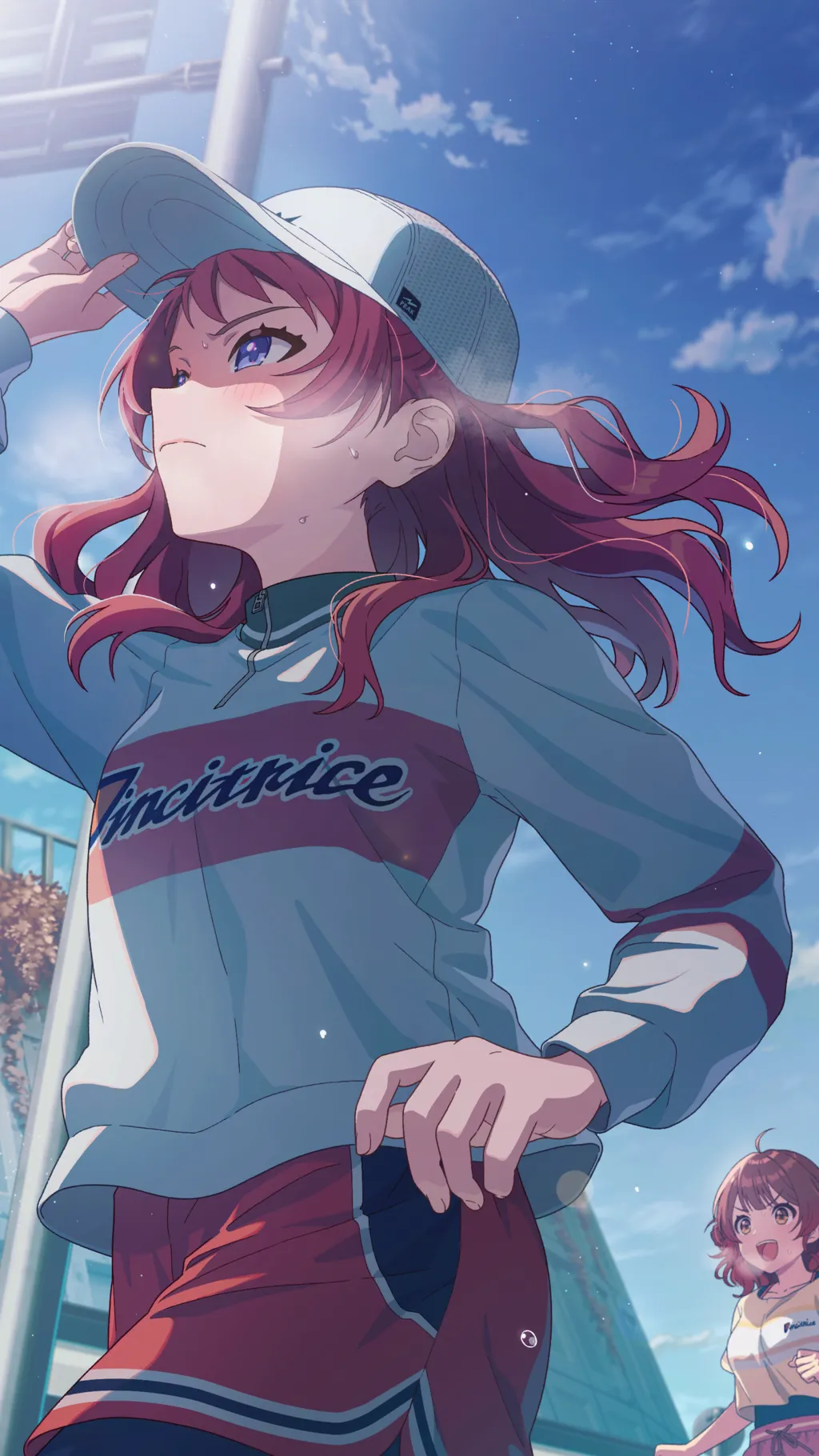 hanami saki, hanami ume, gakuen idolmaster, idolmaster, mist, game cg, official art, 2girls, ahoge, blue eyes, brown eyes, cloud, english text, hand up, hat, multicolored hair, multiple girls, open mouth, railing, red hair, shorts, zipper