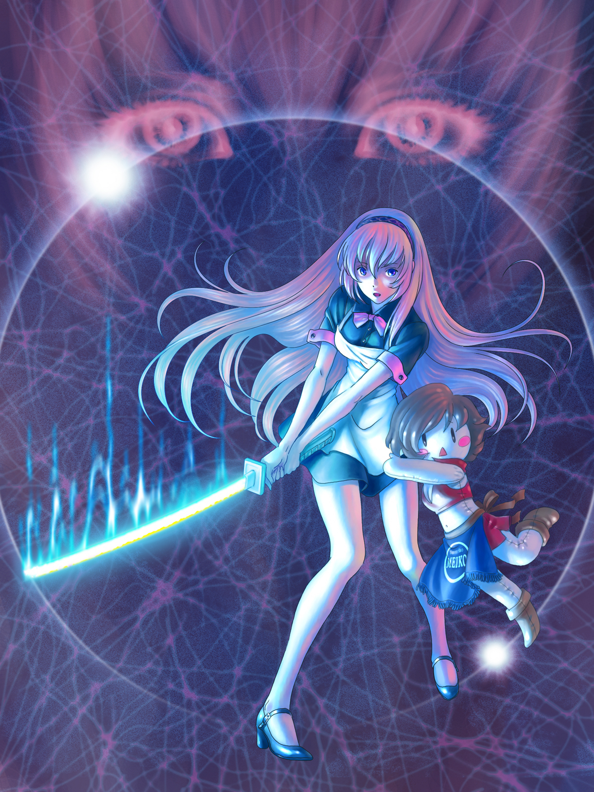 hata hata, megurine luka, meiko (vocaloid), vocaloid, highres, 2girls, apron, blue eyes, brown hair, character doll, doll, energy sword, katana, legs, lightning, long hair, multiple girls, pink hair, shoes, short hair, sword, weapon