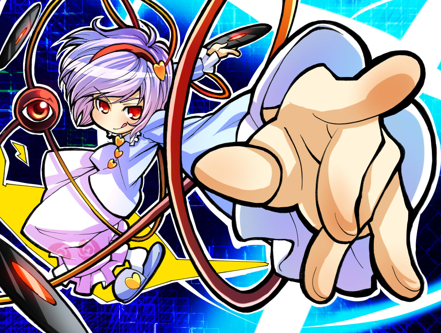 sakino shingetsu, komeiji satori, touhou, 1girl, :p, :q, eyeball, female focus, foreshortening, full body, hairband, heart, pointing, purple hair, red eyes, short hair, slippers, solo, third eye, tongue, tongue out