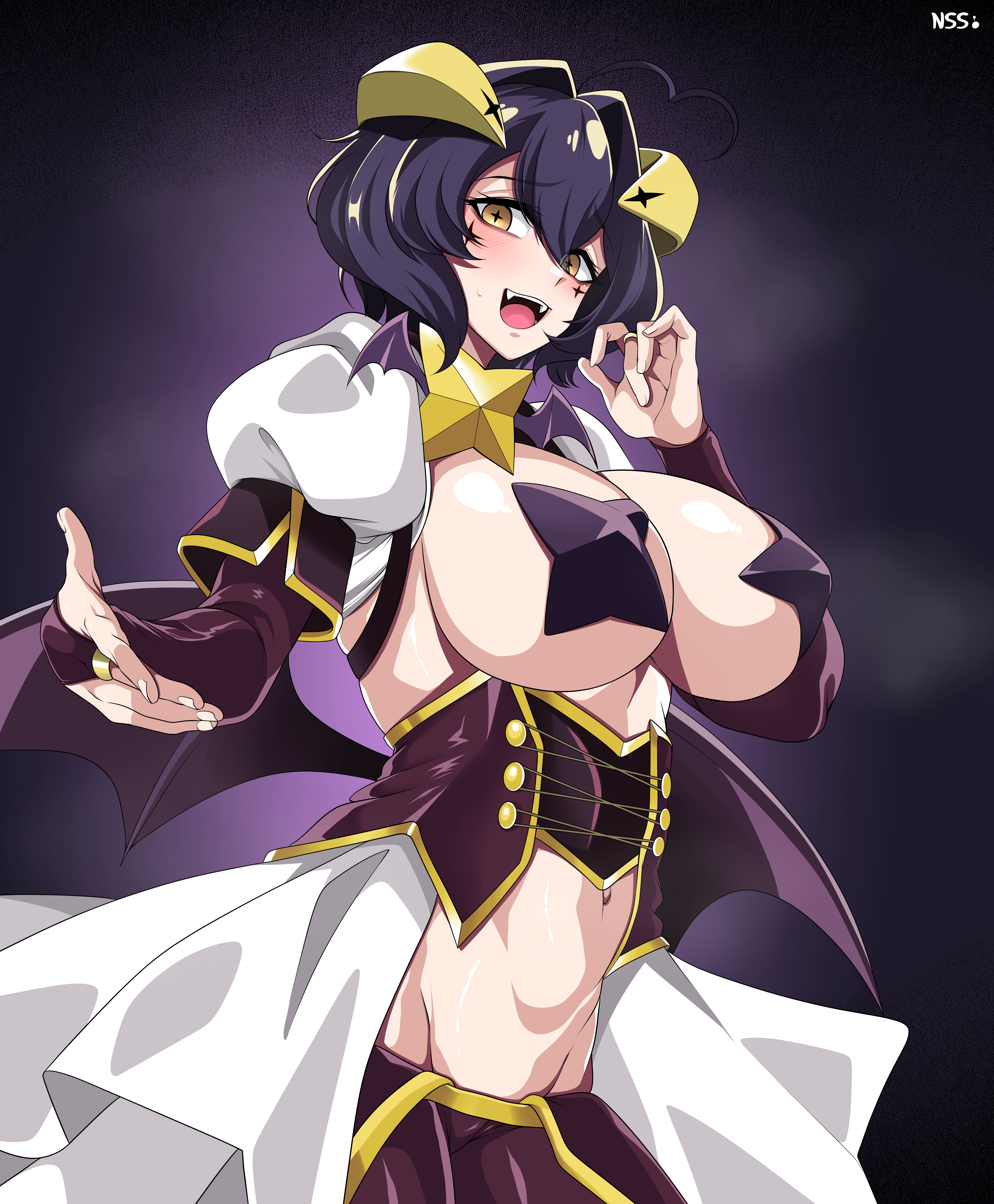 wirberlwind, hiiragi utena, magia baiser, mahou shoujo ni akogarete, highres, paid reward available, 1girl, antenna hair, bat wings, blush, breasts, cape, demon girl, elbow gloves, fingerless gloves, gloves, horns, large breasts, looking at viewer, lowleg, lowleg pants, magical girl, navel, no bra, open mouth, pants, pasties, purple hair, revealing clothes, shiny skin, short hair, shrug (clothing), sweat, waist cape, white shrug, wings, yellow eyes