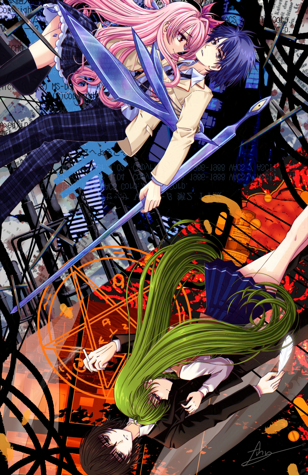 nishijou takumi, sakihata rimi, chaos;head, sayonara wo oshiete, science adventure, artist request, character request, check artist, copyright request, highres, 2boys, 2girls, blue hair, brown jacket, cigarette, collarbone, d-sword, floating neckwear, forg ttenrain, green hair, hetero, holding, holding cigarette, holding sword, holding weapon, jacket, long hair, long sleeves, looking at viewer, miniskirt, multiple boys, multiple girls, necktie, open clothes, open collar, open jacket, pants, petticoat, pink eyes, pink hair, plaid clothes, plaid pants, plaid skirt, purple pants, purple skirt, ribbon, school emblem, school uniform, short hair, sideways glance, skirt, smile, suimei academy school uniform, sword, very long hair, weapon