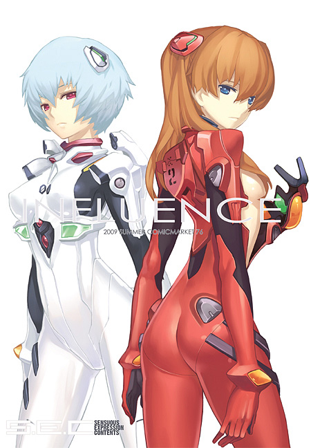 nagi ryou, ayanami rei, souryuu asuka langley, comicmarket, comiket, influence, neon genesis evangelion, hand on thigh, duplicate, 00s, 2009, 2girls, ass, blue eyes, blue hair, brown hair, censored, convenient censoring, frown, hair ornament, hair over breasts, long hair, looking back, mecha pilot suit, multiple girls, no bra, orange hair, plugsuit (evangelion), red eyes, red hair, see-through clothes, short hair, simple background, test plugsuit (evangelion)